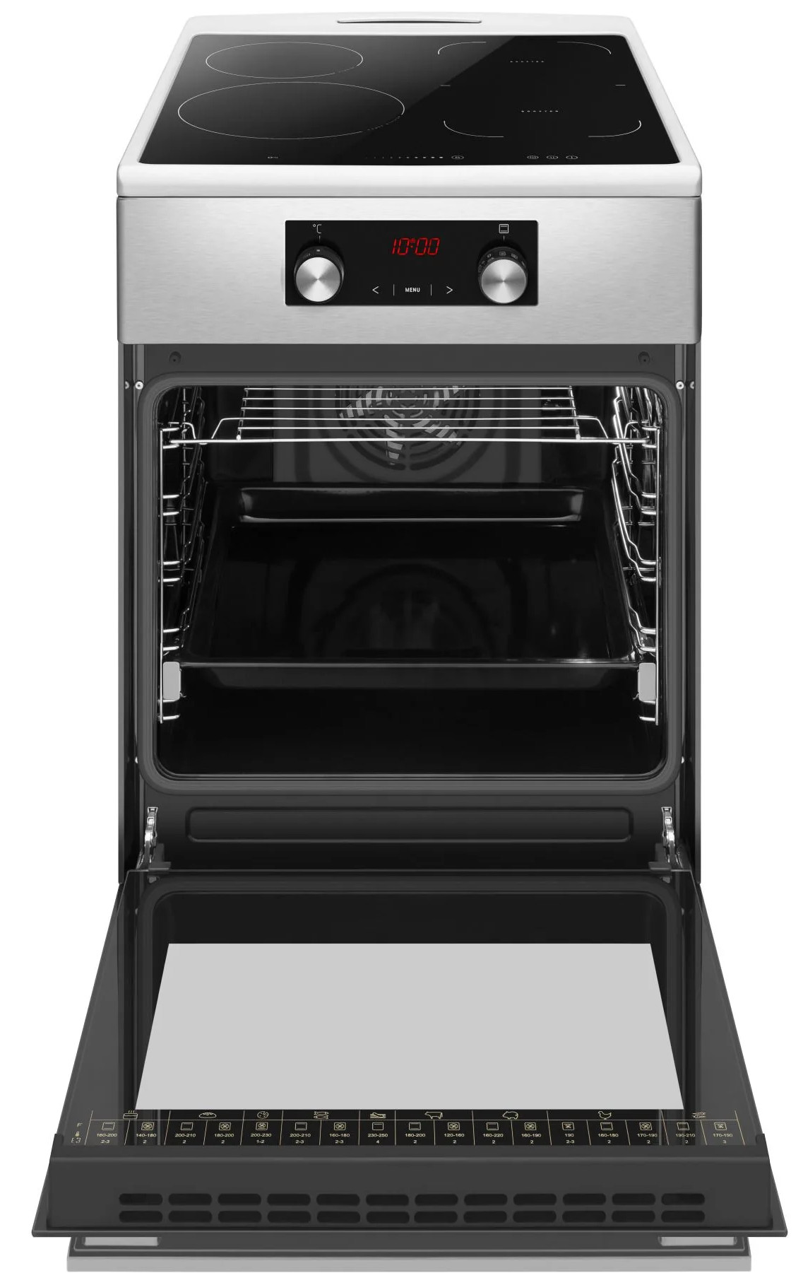 Otwarty piekarnik, front ze stali nierdzewnej, czarne szklane drzwi i płyta grzewcza z czterema palnikami. Zegar cyfrowy pokazuje 10:00.