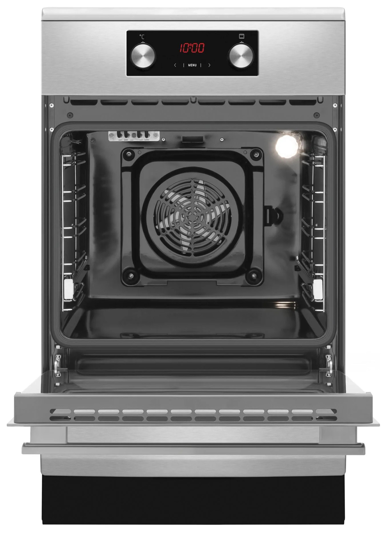 Otwarty piekarnik ze stali nierdzewnej z cyfrowym wyświetlaczem 10:00. Wnętrze z wentylatorem, rusztami i światłem.