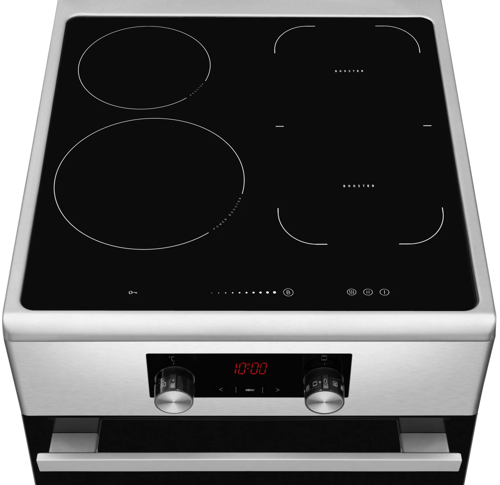 Czarna płyta grzewcza ze szkła z czterema palnikami, sterowaniem i cyfrowym wyświetlaczem na dole oraz ramą ze stali nierdzewnej.