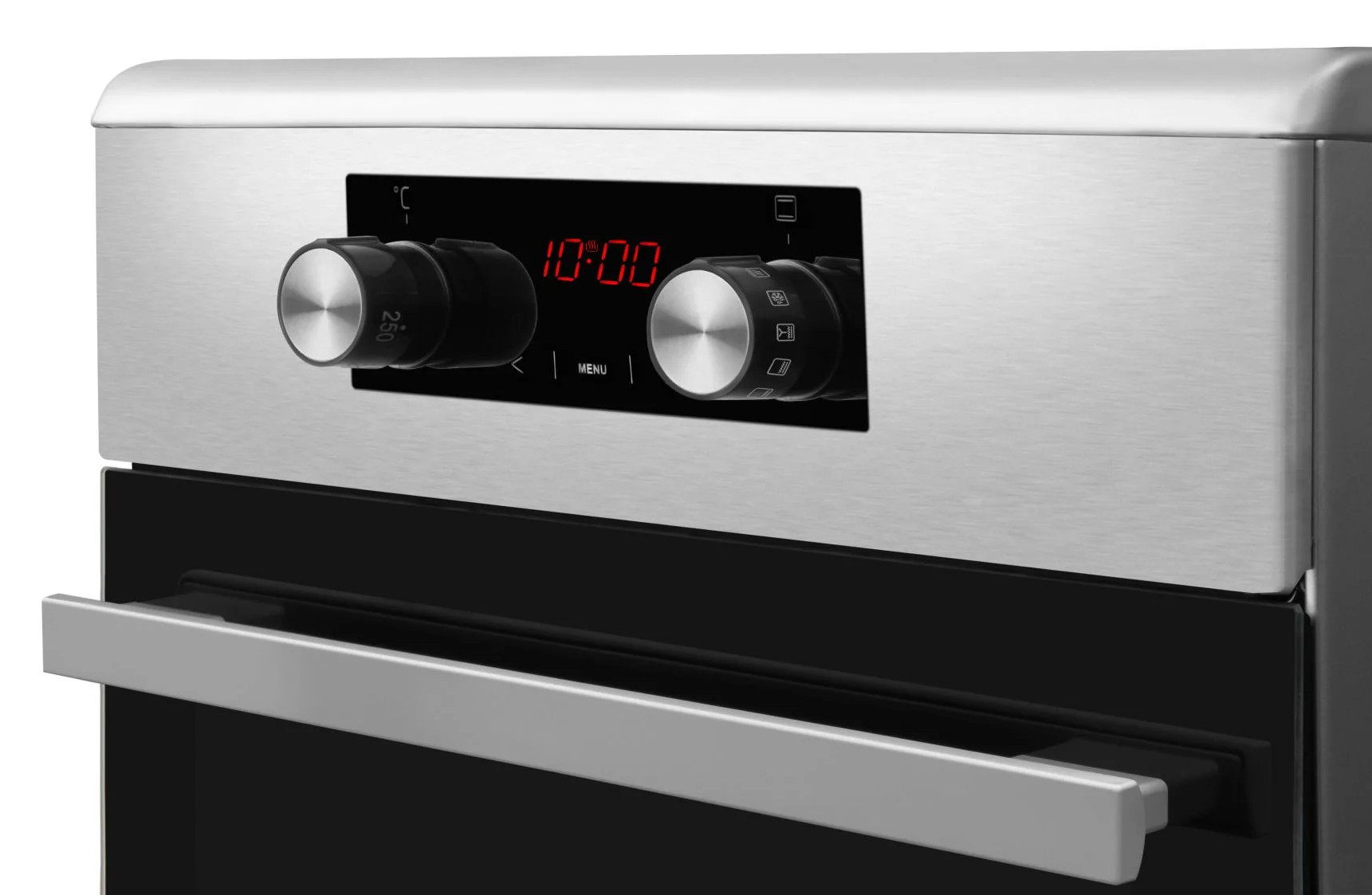 Piekarnik ze stali nierdzewnej z cyfrowym wyświetlaczem pokazującym 10:00 i dwoma pokrętłami. Widoczny uchwyt drzwi.