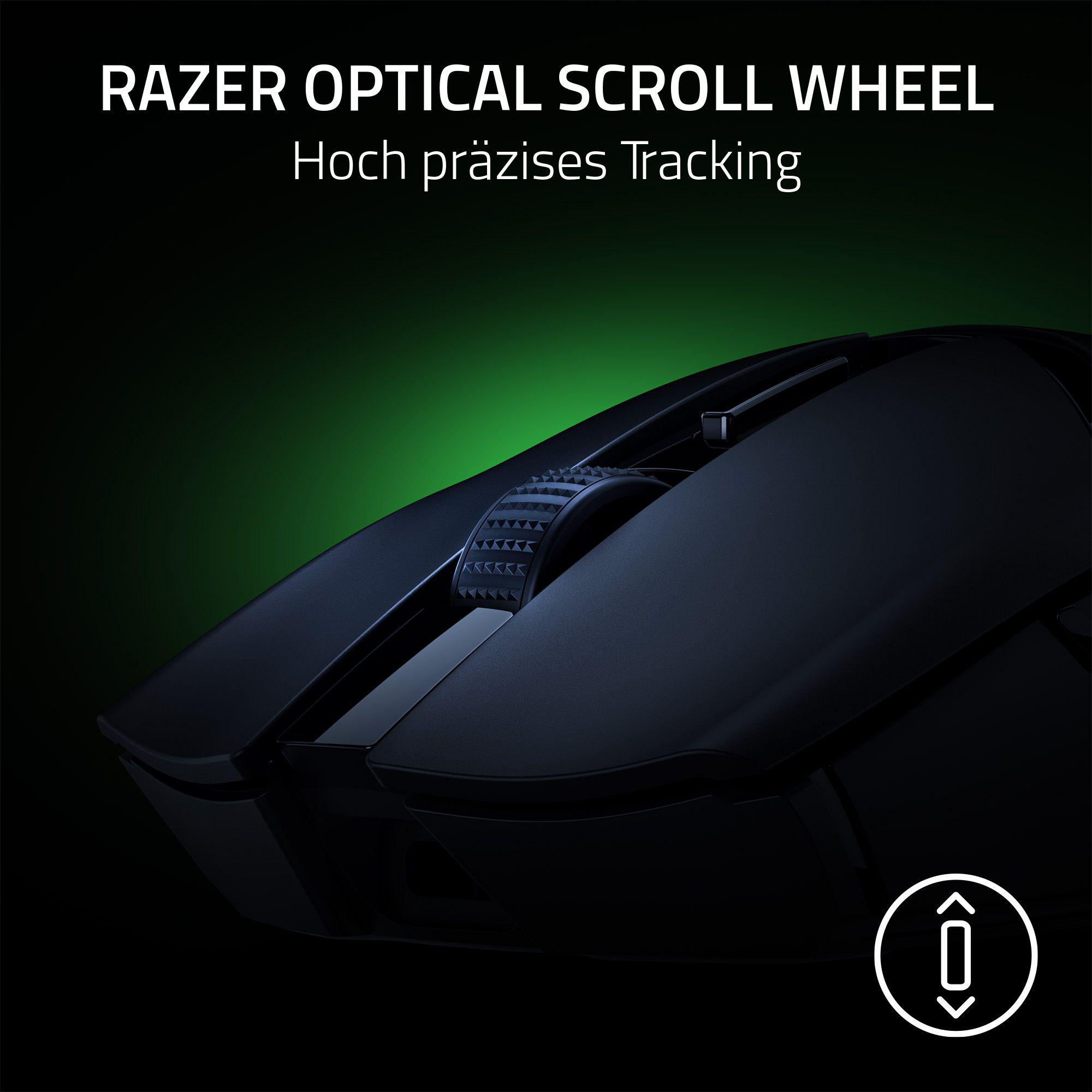 Eine schwarze Razer-Maus mit optischem Scrollrad. Text: 'Razer Optical Scroll Wheel' und 'High Precision Tracking'.