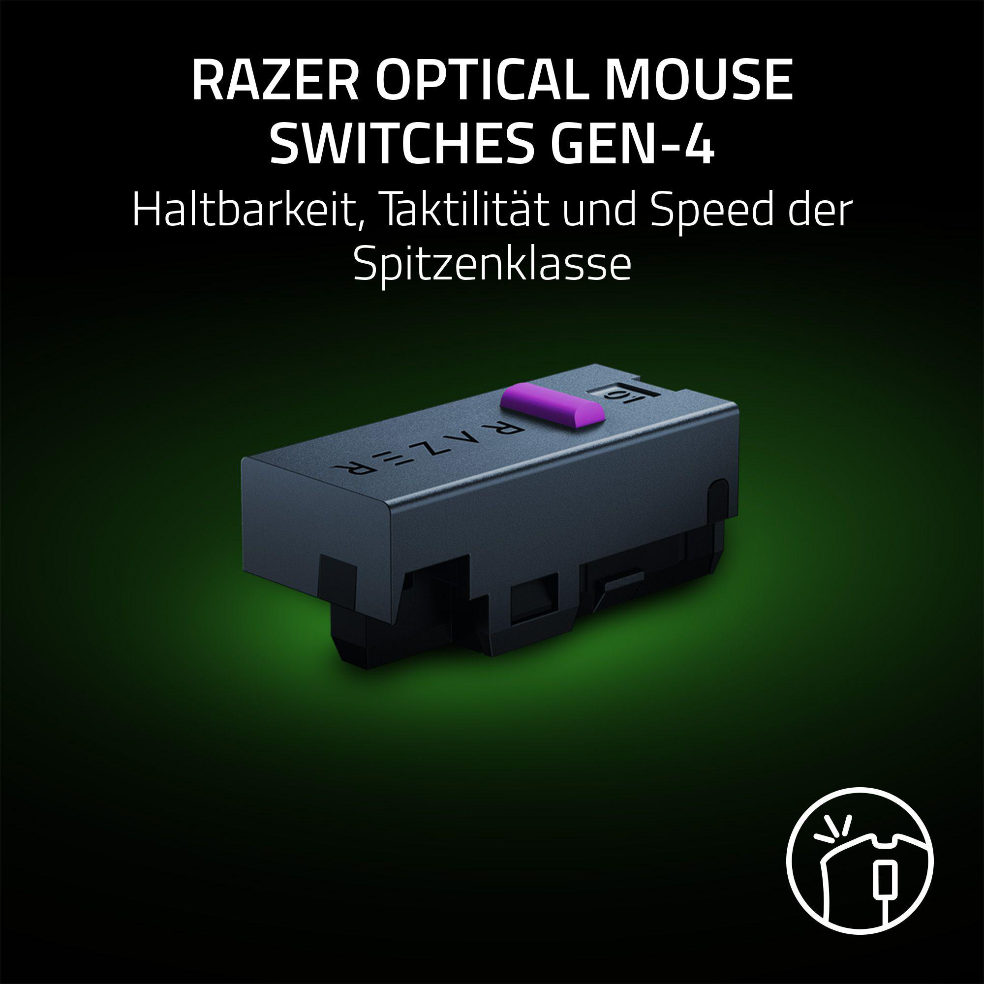 Ein Razer Optical Mouse Switch Gen-4, schwarz und grau, mit einer lila Taste oben. Der Hintergrund ist grün.
