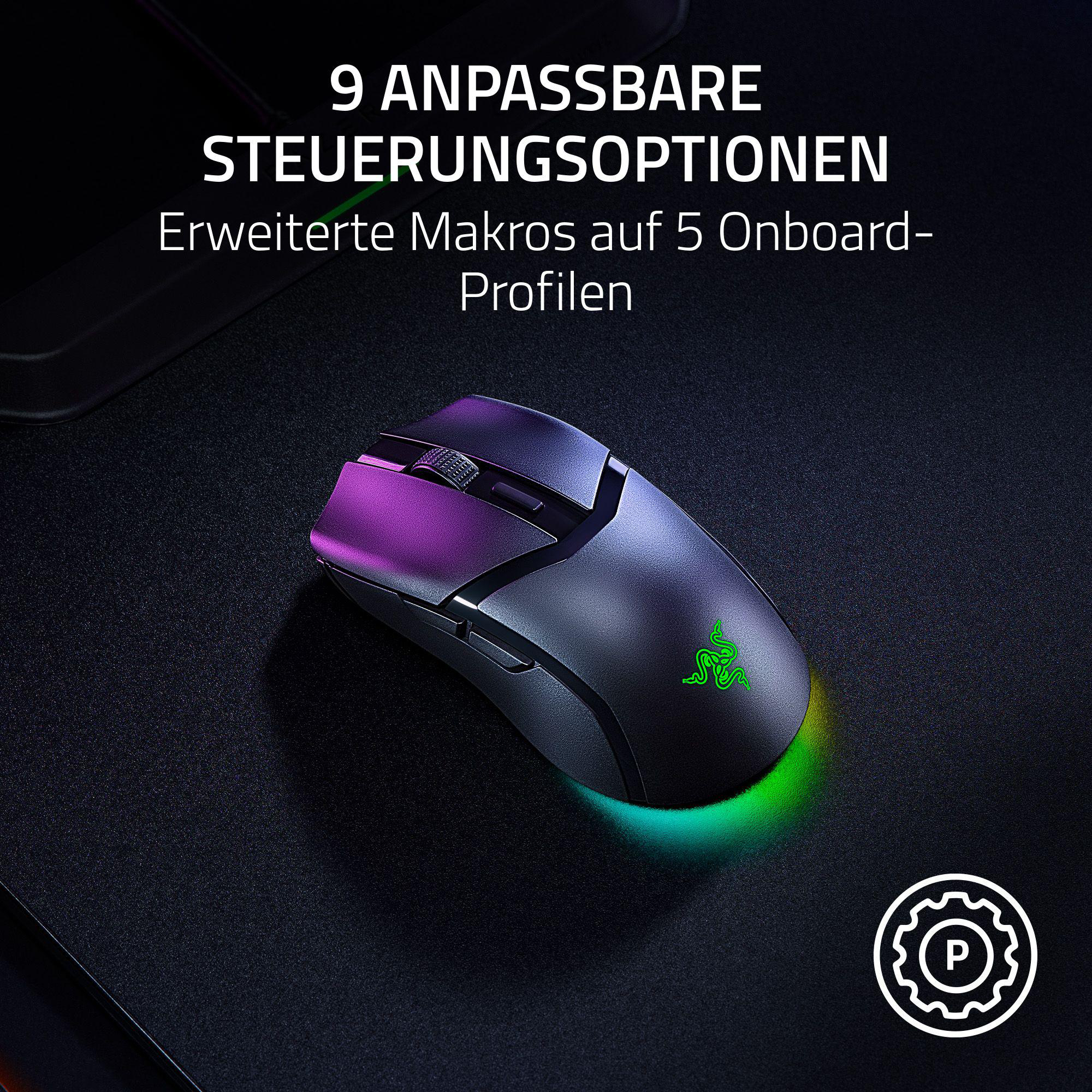 Eine schwarze Razer-Gaming-Maus mit grünem Logo und RGB-Beleuchtung auf schwarzem Untergrund. Text zu Steuerungsoptionen oben.