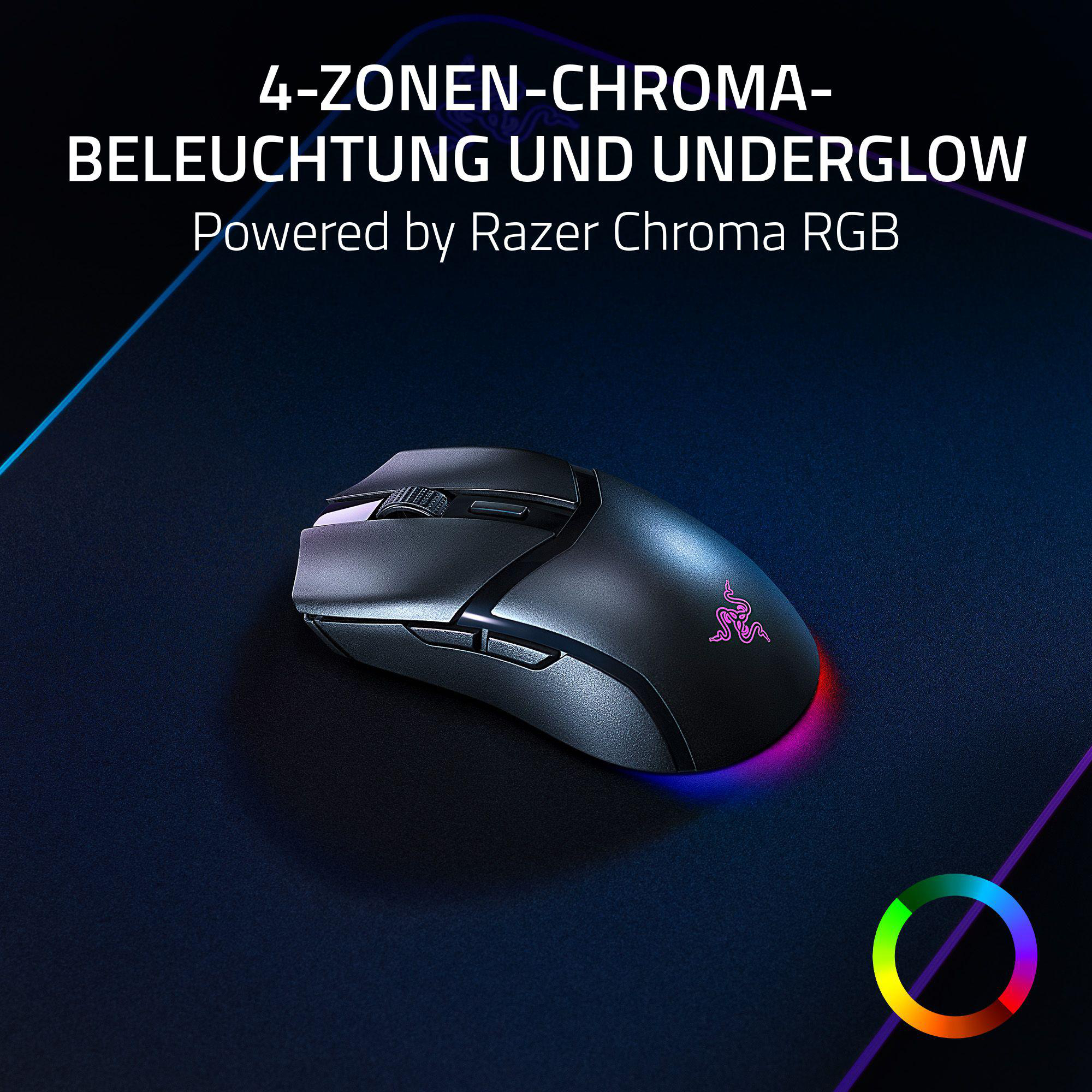 Schwarze Maus auf blauer Oberfläche mit Text oben. Die Maus hat ein Logo und RGB-Beleuchtung.