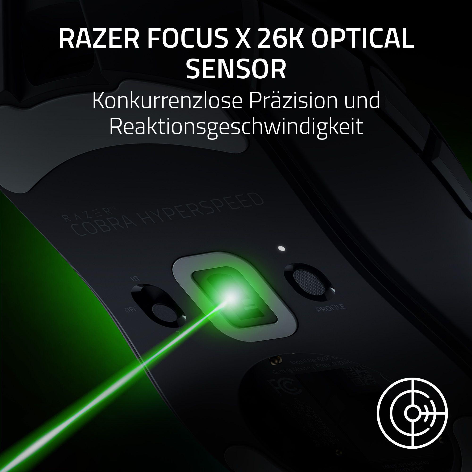 Schwarze Razer Cobra Hyperspeed Maus mit grünem Laser. Text: Razer Focus X 26K Optical Sensor.