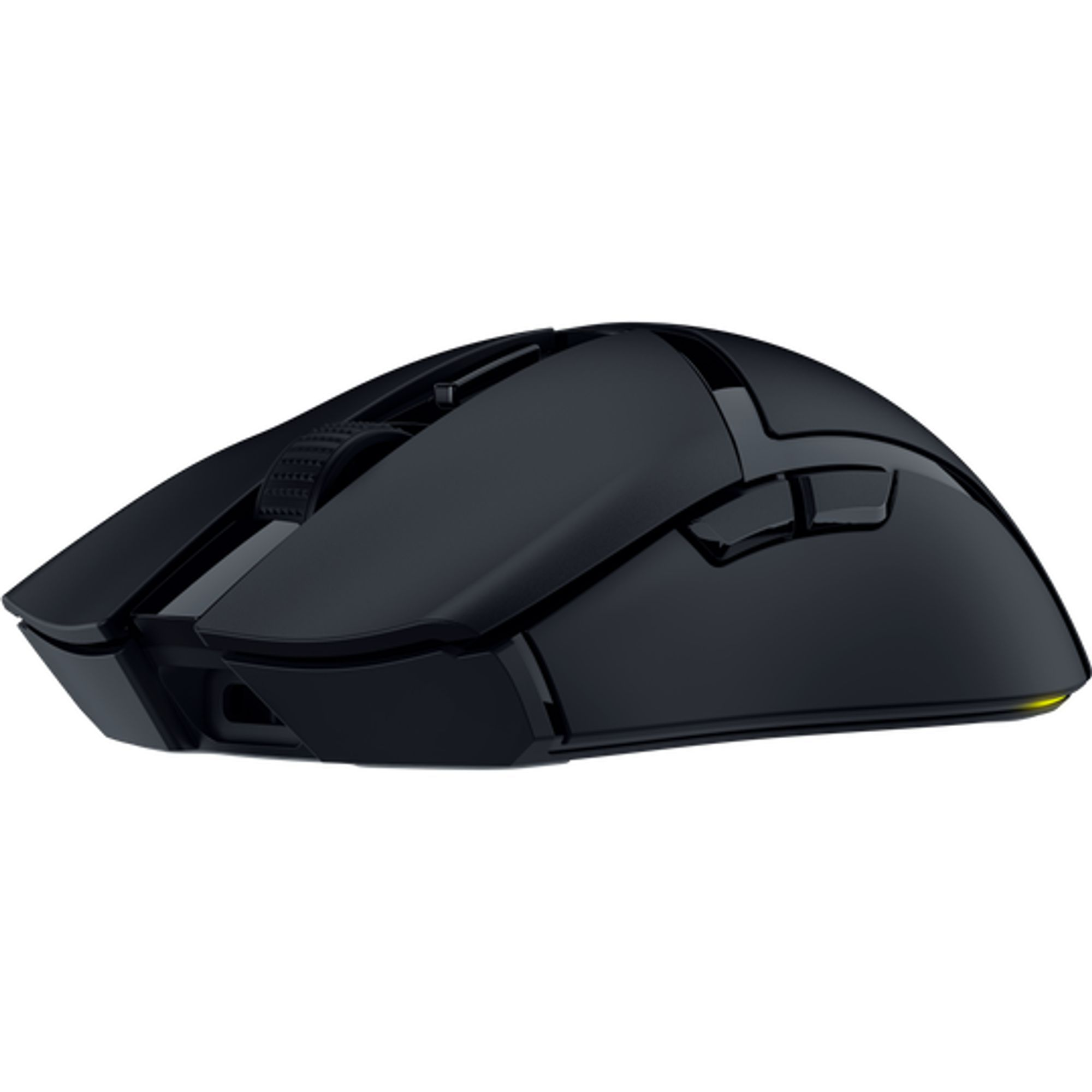Eine schwarze Razer-Gaming-Maus auf weißem Hintergrund. Die Maus hat ein Scrollrad, Seitentasten und einen gelben Akzent.