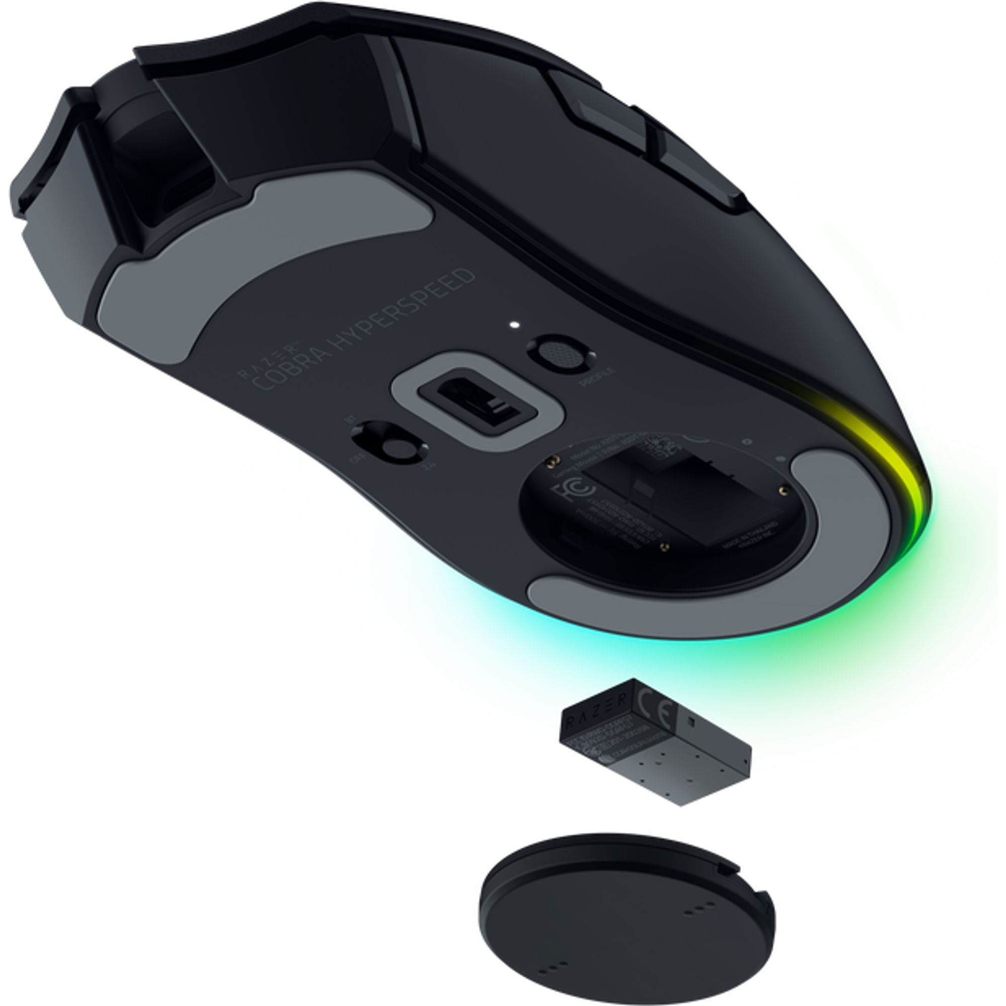 Schwarze Razer Cobra Hyperspeed Maus mit Ladestation und Akku. Grün-gelbes Licht unten.