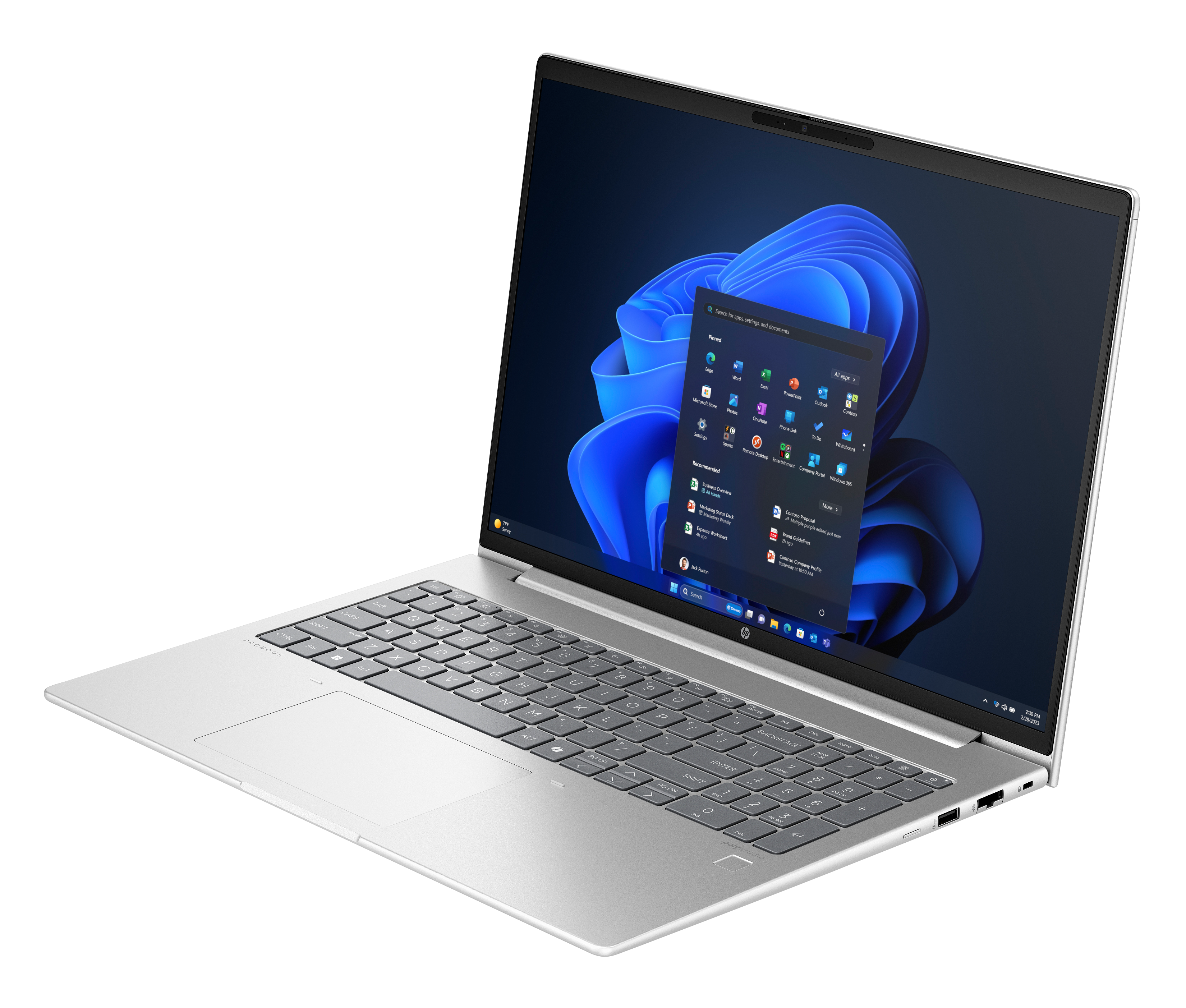 Srebrny laptop HP z systemem Windows 11 i otwartym menu Start.