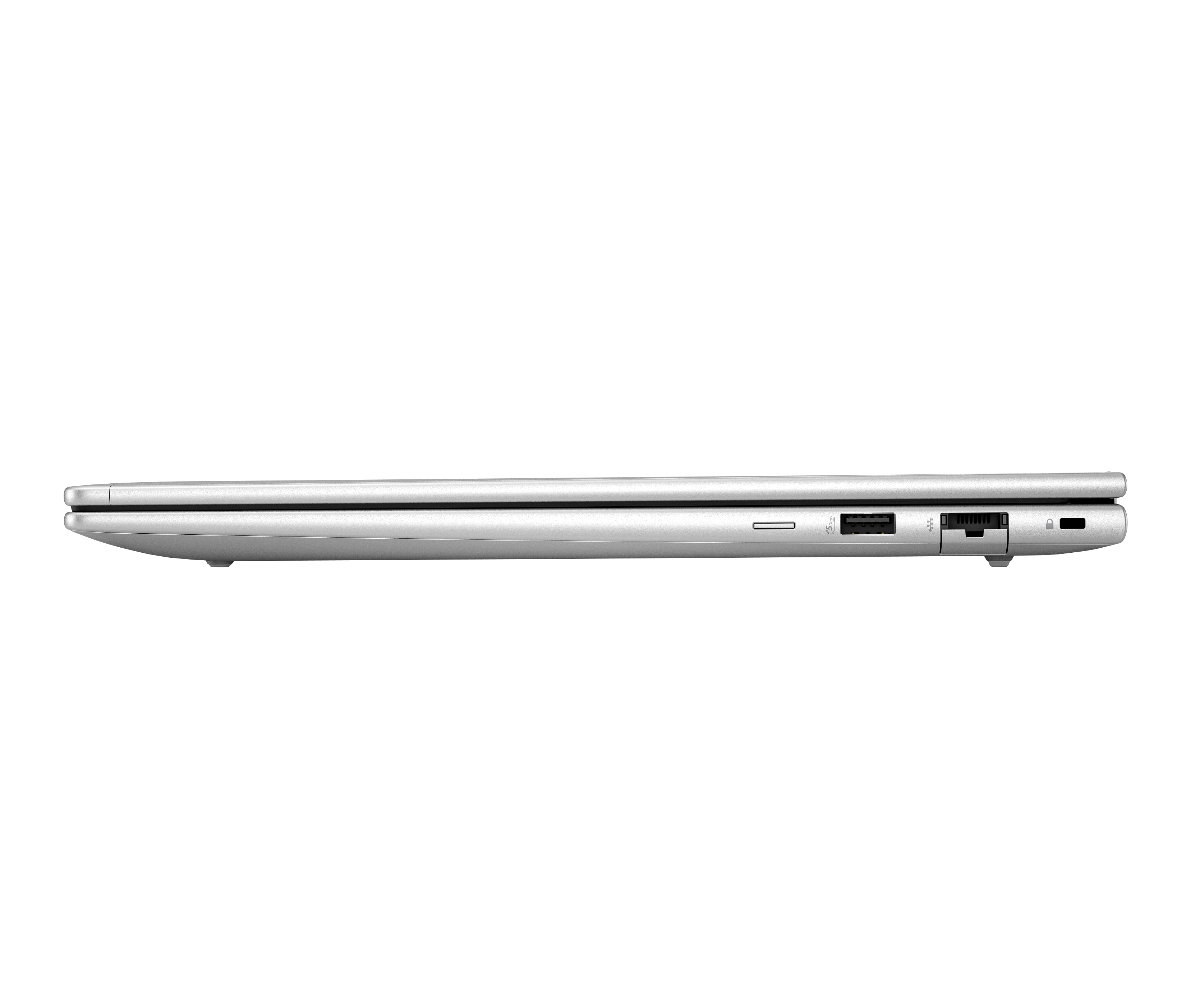 Srebrny laptop z boku, widoczne porty: USB, karta SD, zasilanie, blokada.