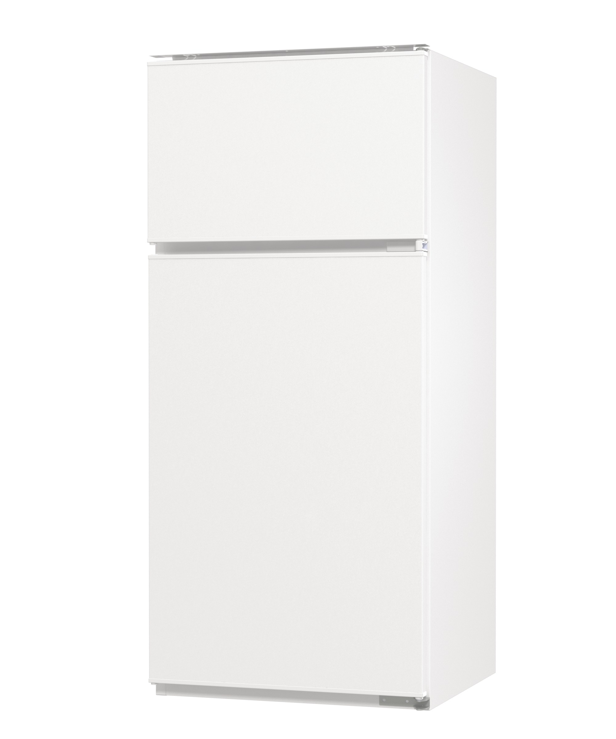 Ein weißer Kühlschrank mit zwei Türen steht vor einem weißen Hintergrund. Der obere Teil ist kleiner.