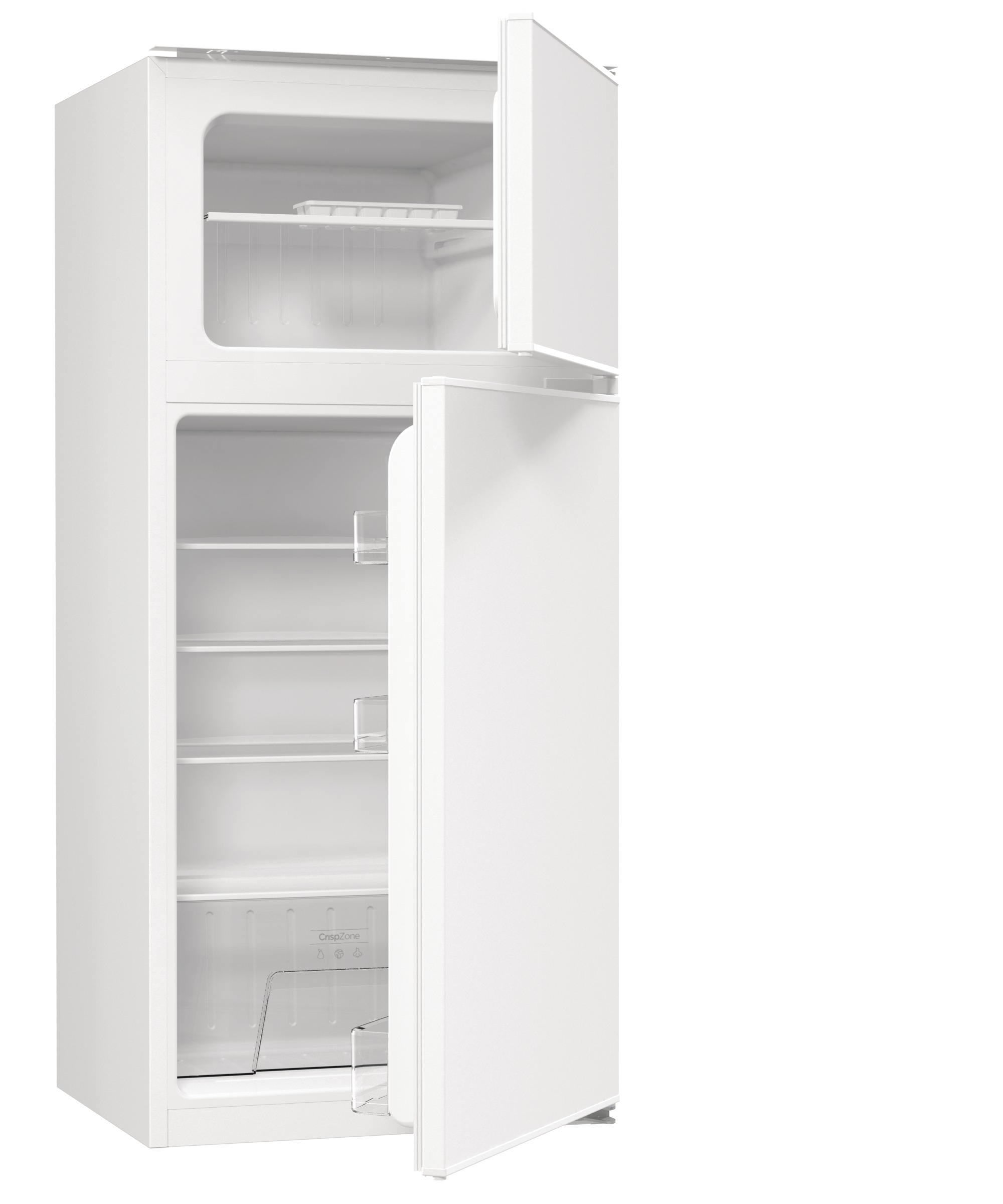 Ein weißer Kühlschrank mit geöffneten Türen, der Regale, Schubladen und Fächer zeigt. Die 'CrispZone'-Schublade ist sichtbar.