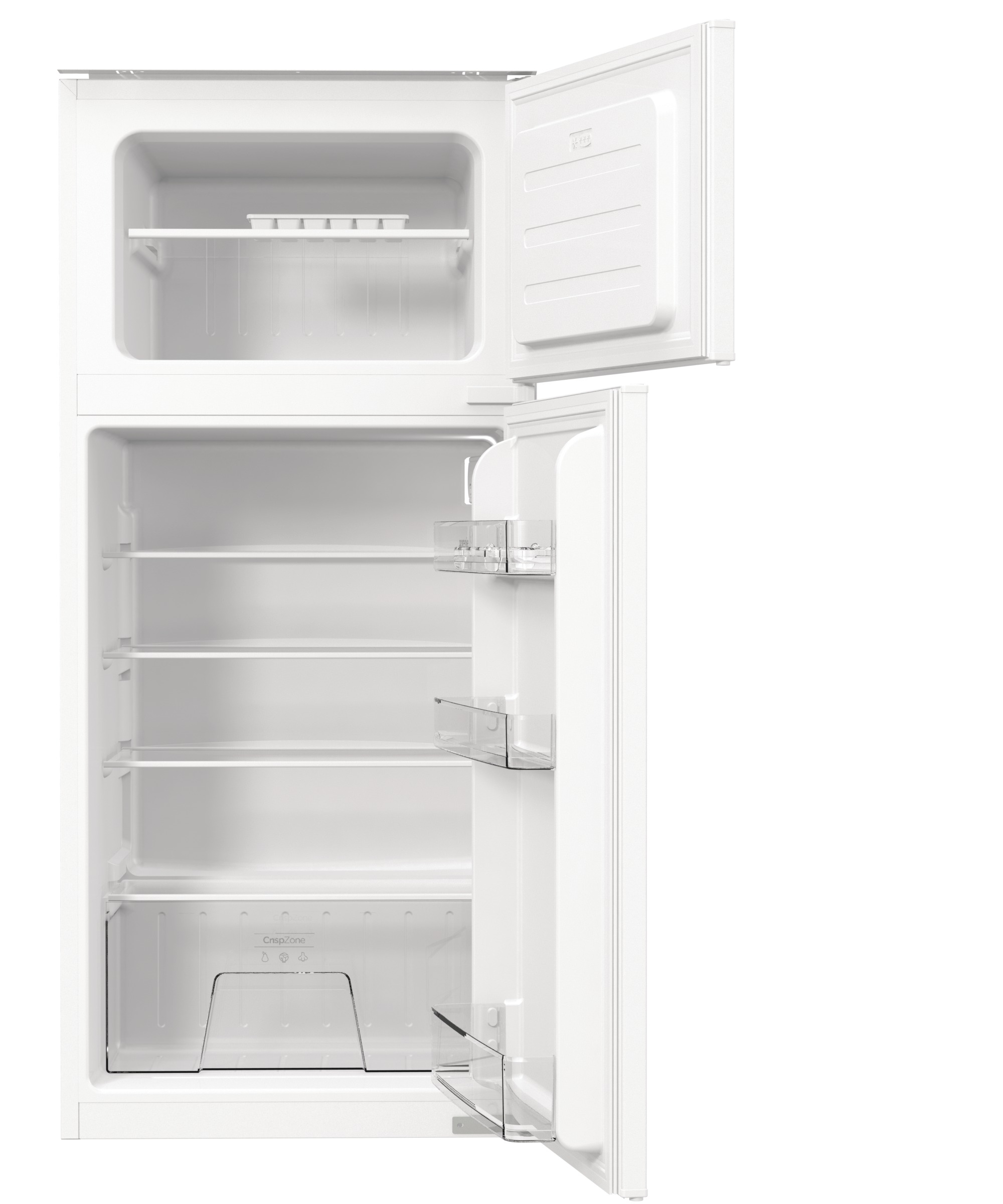 Ein weißer Kühlschrank mit geöffneten Türen, der Regale, Schubladen und ein Eisfach zeigt. Der Innenraum ist leer.