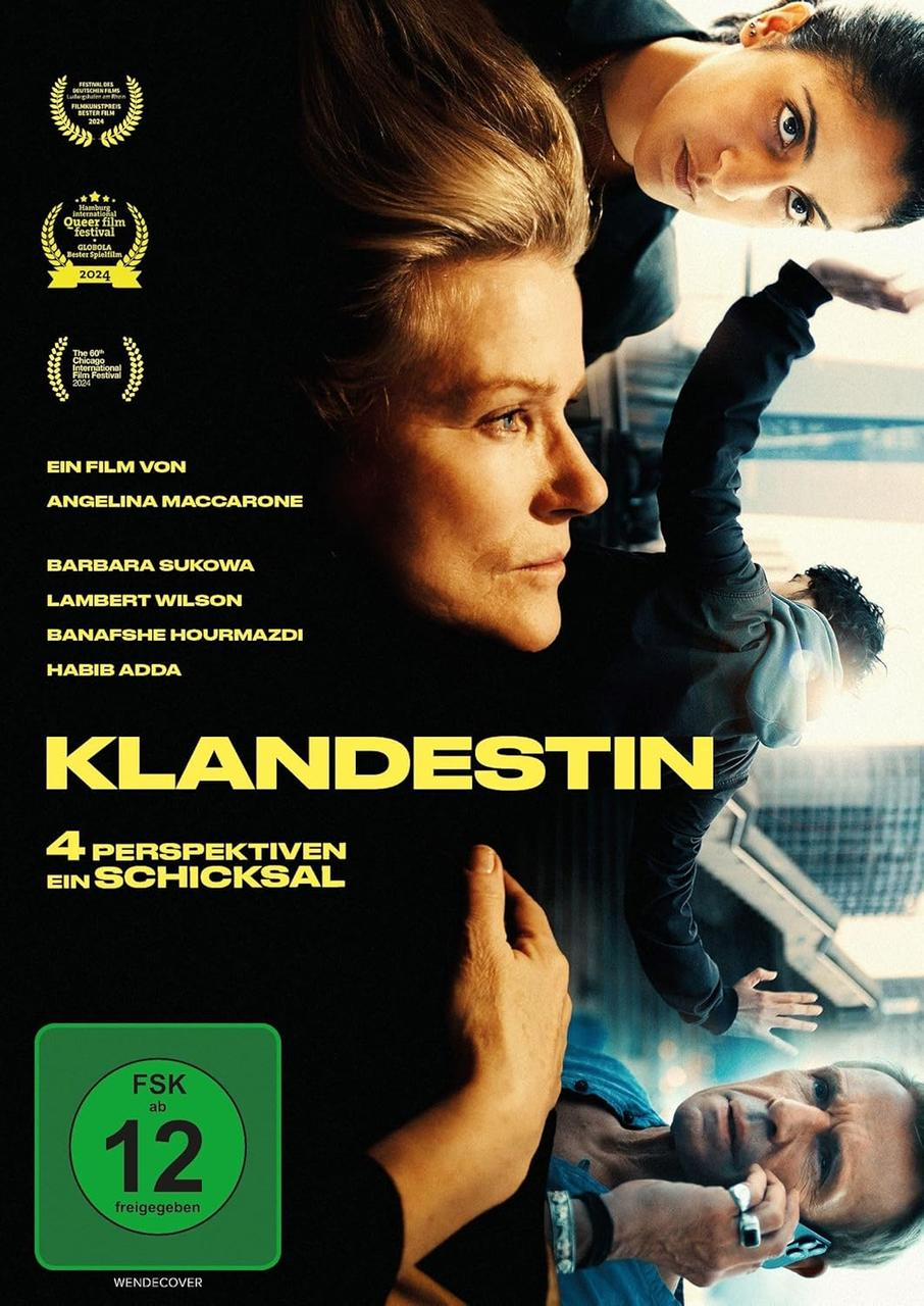 Filmposter. Gesichter von drei Personen. Der Titel lautet KLANDESTIN. Auszeichnungen, Schauspielernamen und Bewertung sind sichtbar.