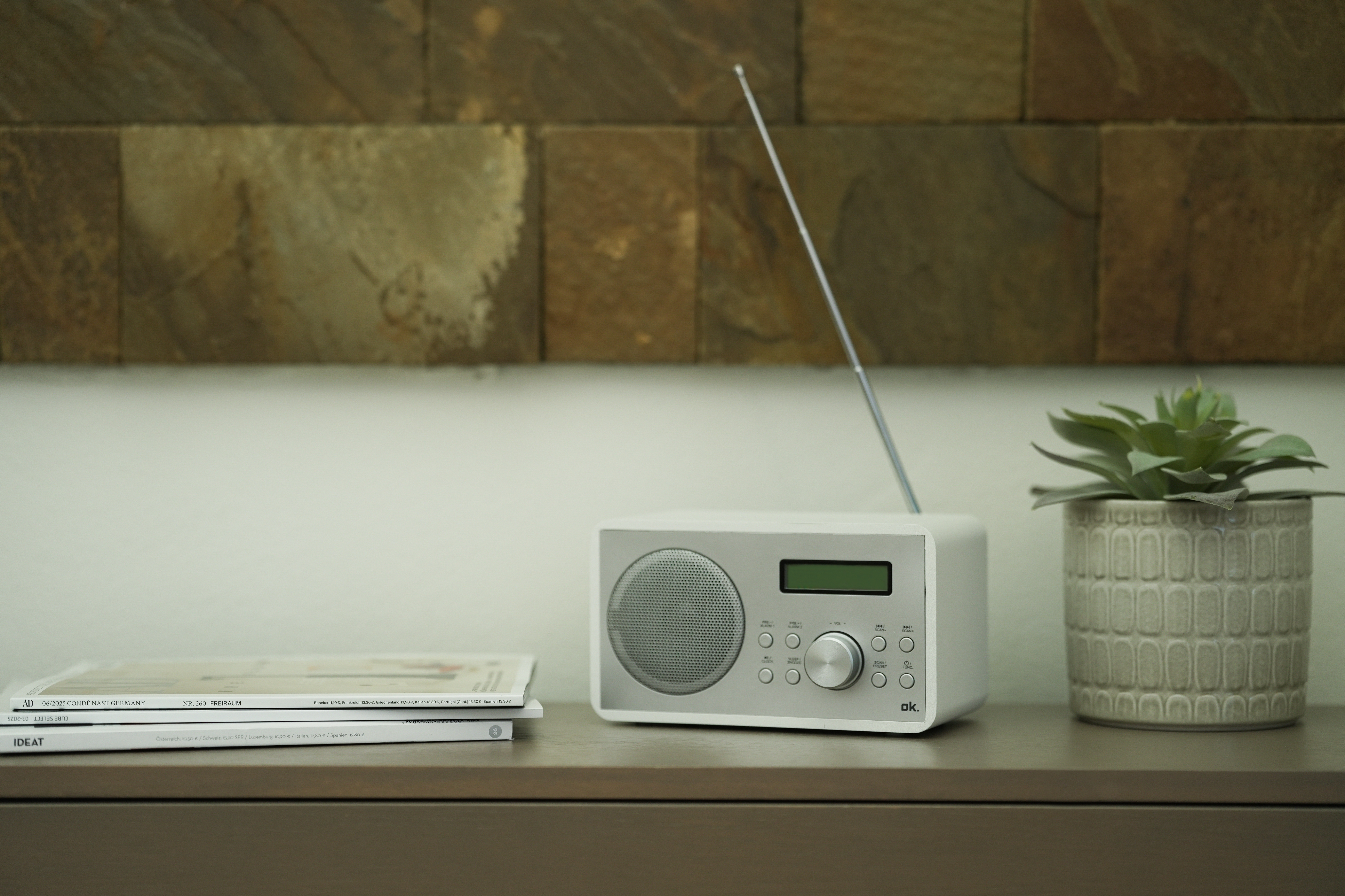 Ein weißes Radio mit Antenne, Zeitschriften und eine Sukkulente im Topf stehen auf einer braunen Oberfläche.