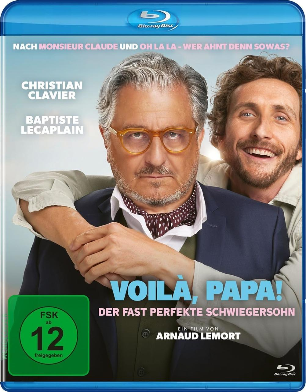 Blu-ray-Cover mit zwei Männern. Einer trägt eine Brille und einen gemusterten Schal. Der andere lächelt. Text: Voila, Papa! und Altersfreigabe.