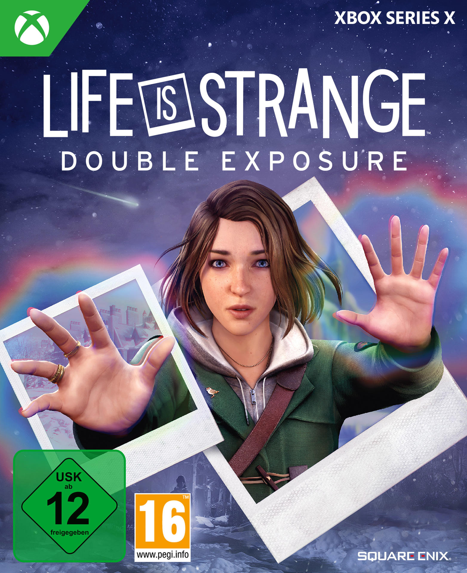 Cover-Art für Life is Strange: Double Exposure. Eine Frau greift auf den Betrachter zu. Zwei Polaroidrahmen und ein bunter Himmel sind hinter ihr.