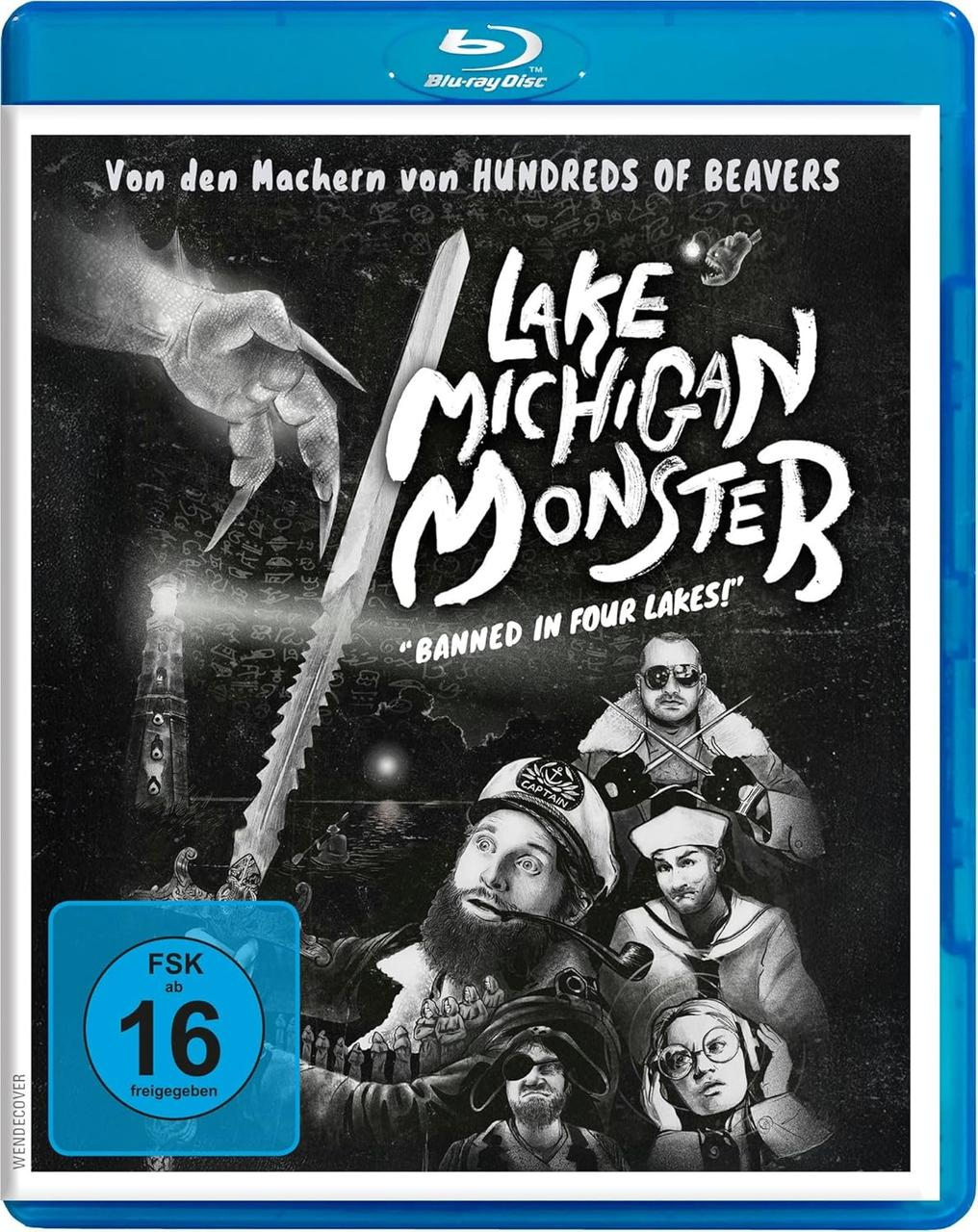 Blu-ray-Cover von 'Lake Michigan Monster'. Enthält den Titel, eine Monsterhand und Charaktere. Enthält ein Wertungsabzeichen und das Blu-ray-Logo.