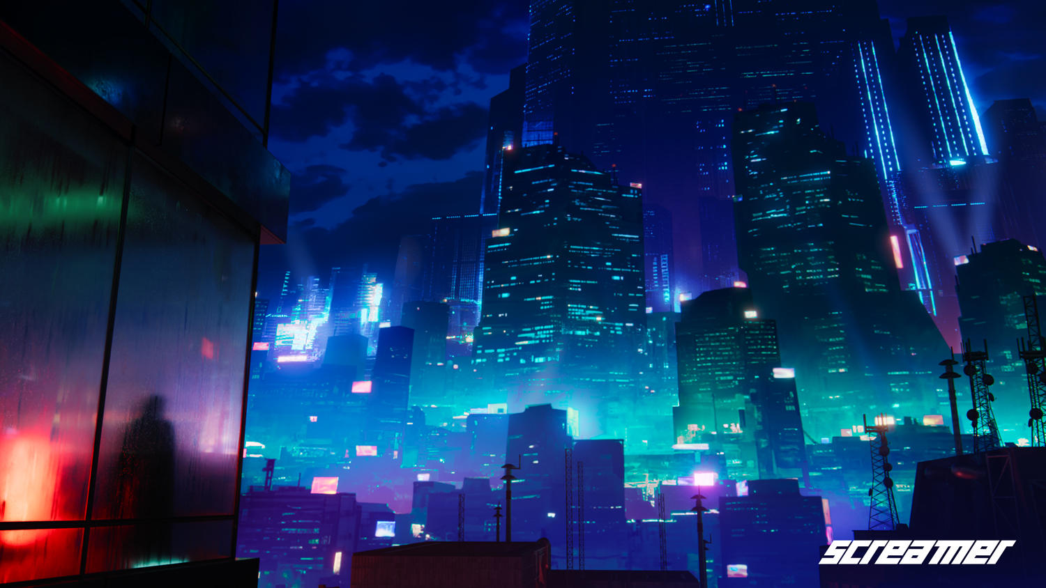 Futuristische Stadtlandschaft bei Nacht. Wolkenkratzer mit Neonlichtern. Silhouette in einem Fenster. Dunkelblauer Himmel.