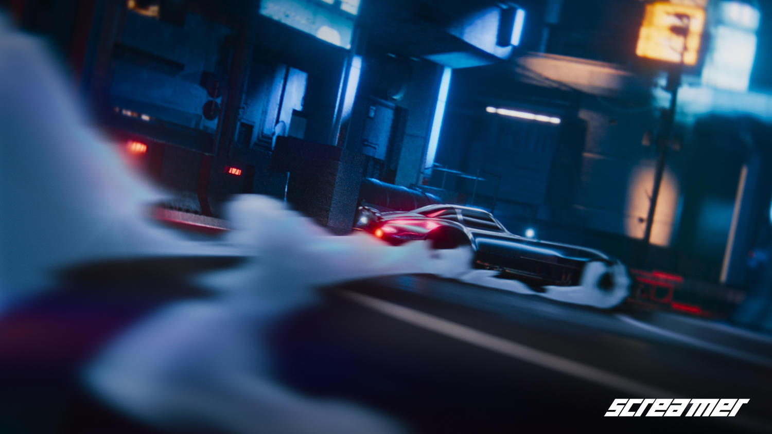 Ein schwarzes Auto driftet auf einer Straße, Rauch steigt auf. Die Szene spielt in einer futuristischen, neonbeleuchteten Stadt. Das Wort "Screamer" ist sichtbar.