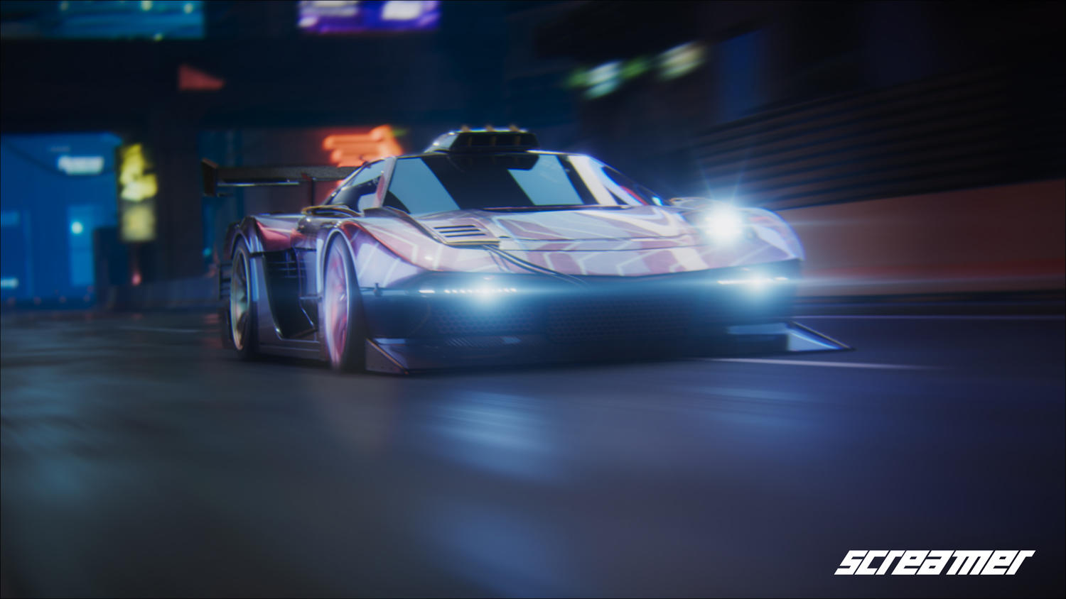 Ein futuristisches Auto fährt nachts auf einer nassen Straße. Das Auto ist rot und weiß. Der Hintergrund ist verschwommen mit Neonlichtern.