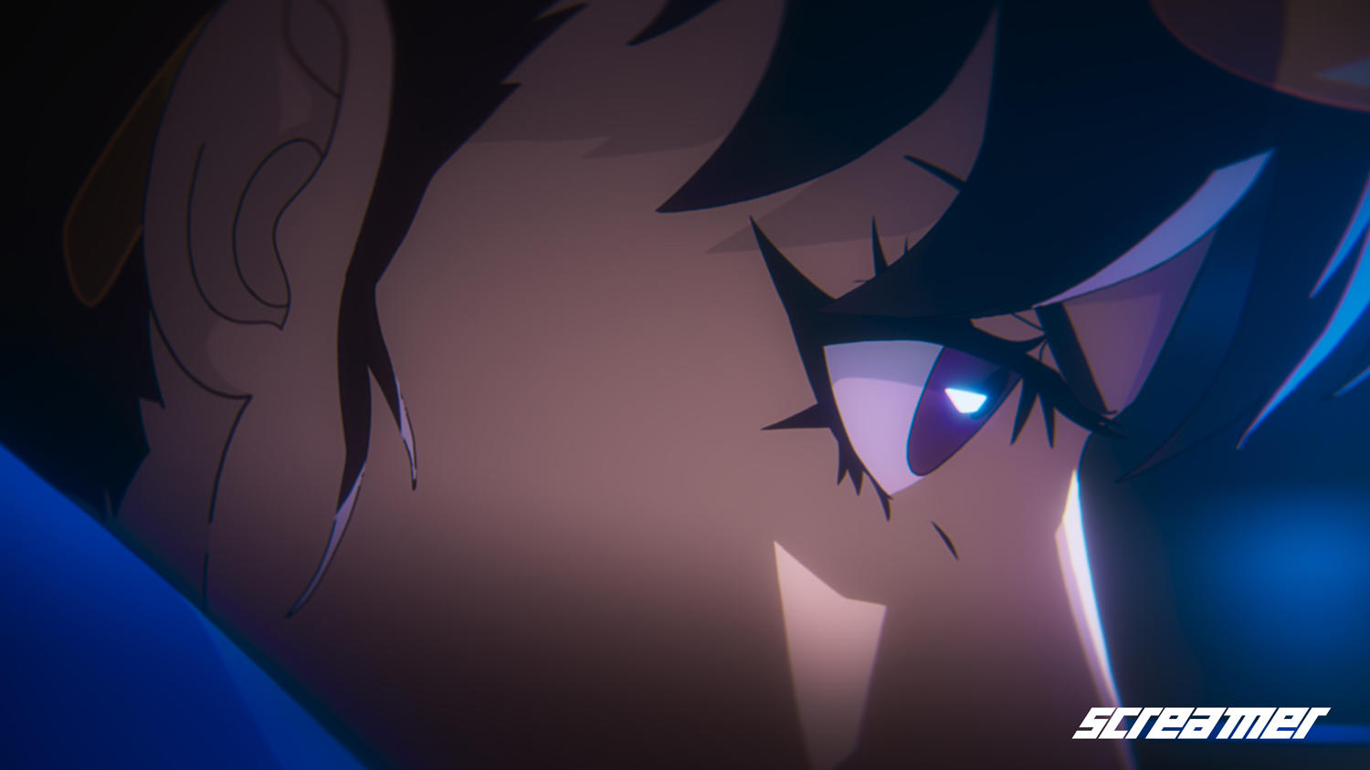 Nahaufnahme eines Anime-Charakters mit einem Auge. Lila Auge mit schwarzen Wimpern, dunkle Haare und blauer Glanzeffekt. Das Wort 'Screamer' steht unten.