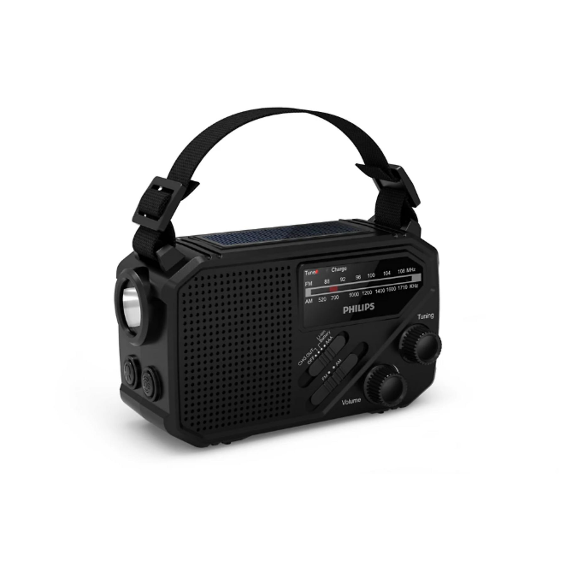 Radio Philips noire avec poignée, boutons de réglage et panneau solaire. Elle a une lampe de poche et contrôle du volume.