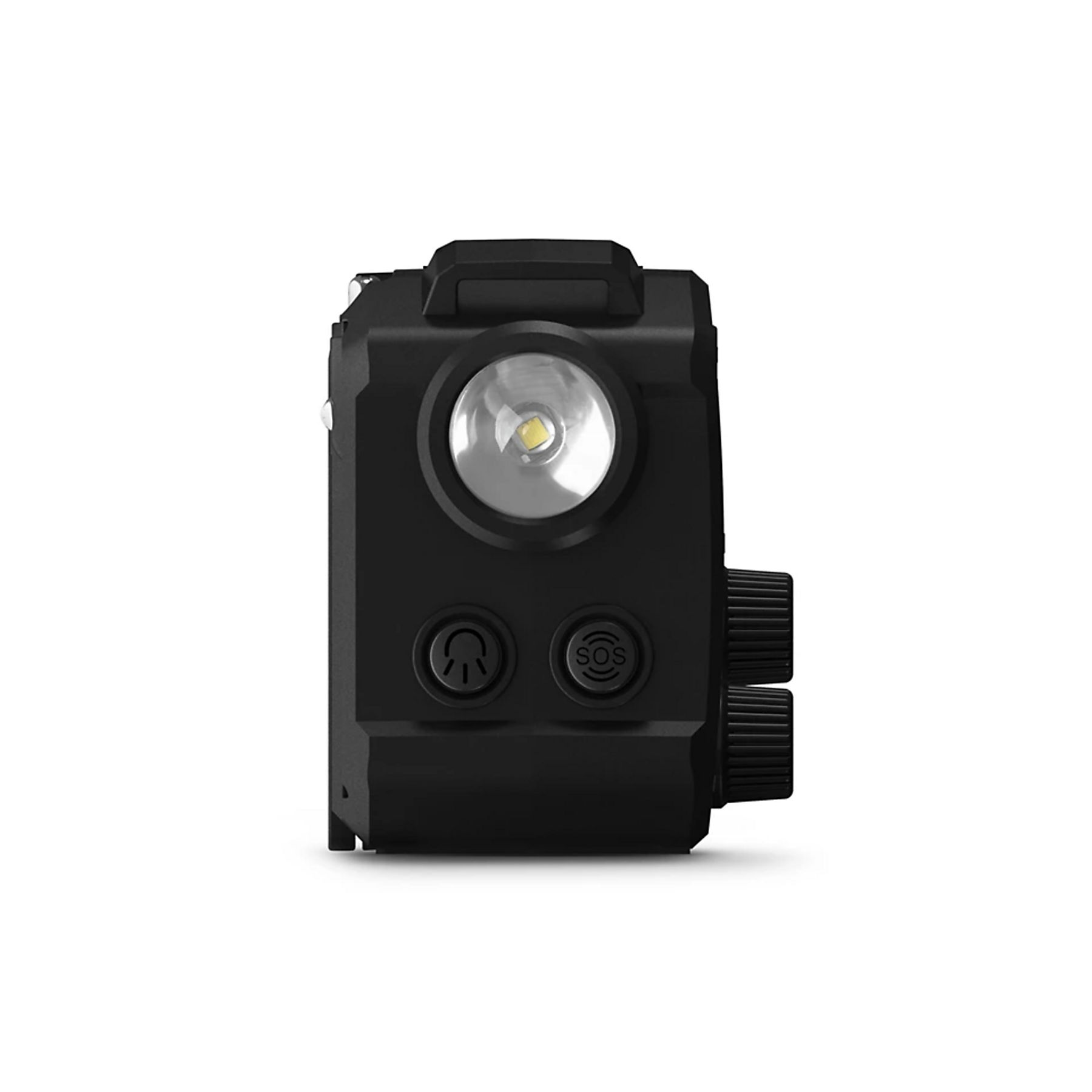 Lampe de poche noire avec une lumière centrale vive. Elle possède des boutons d'alimentation et SOS et deux molettes sur le côté. Fond blanc.