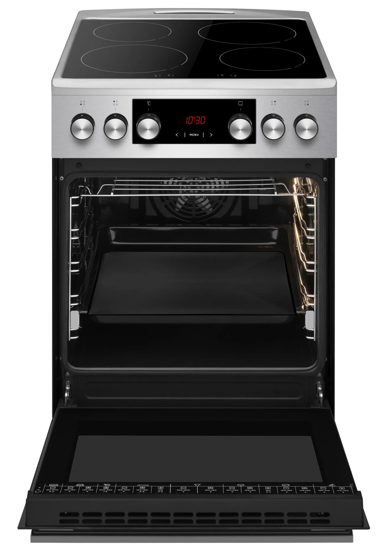 Otwarty piekarnik z czarnym wnętrzem. Płyta grzewcza ma cztery palniki. Panel sterowania pokazuje godzinę. Drzwi są otwarte.