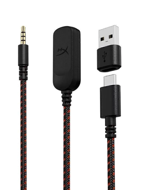 Üç siyah kablo: 3,5 mm jak, HyperX logolu siyah bir kutu ve USB/USB-C konektörleri. Kırmızı ve siyah örgülü kablolar.
