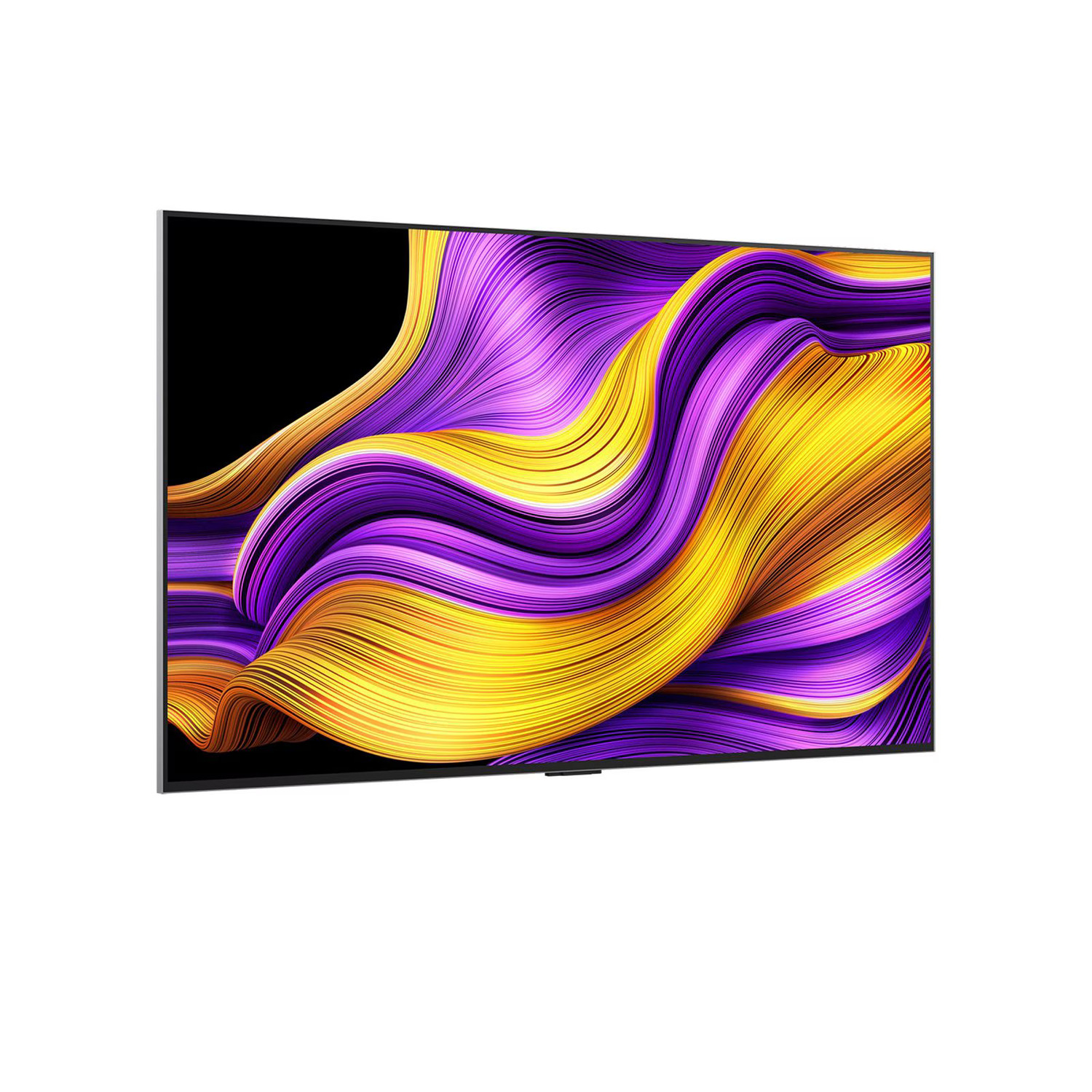 Un téléviseur à écran plat affiche un art abstrait tourbillonnant en jaune, violet et noir. Le téléviseur est monté sur un fond blanc.