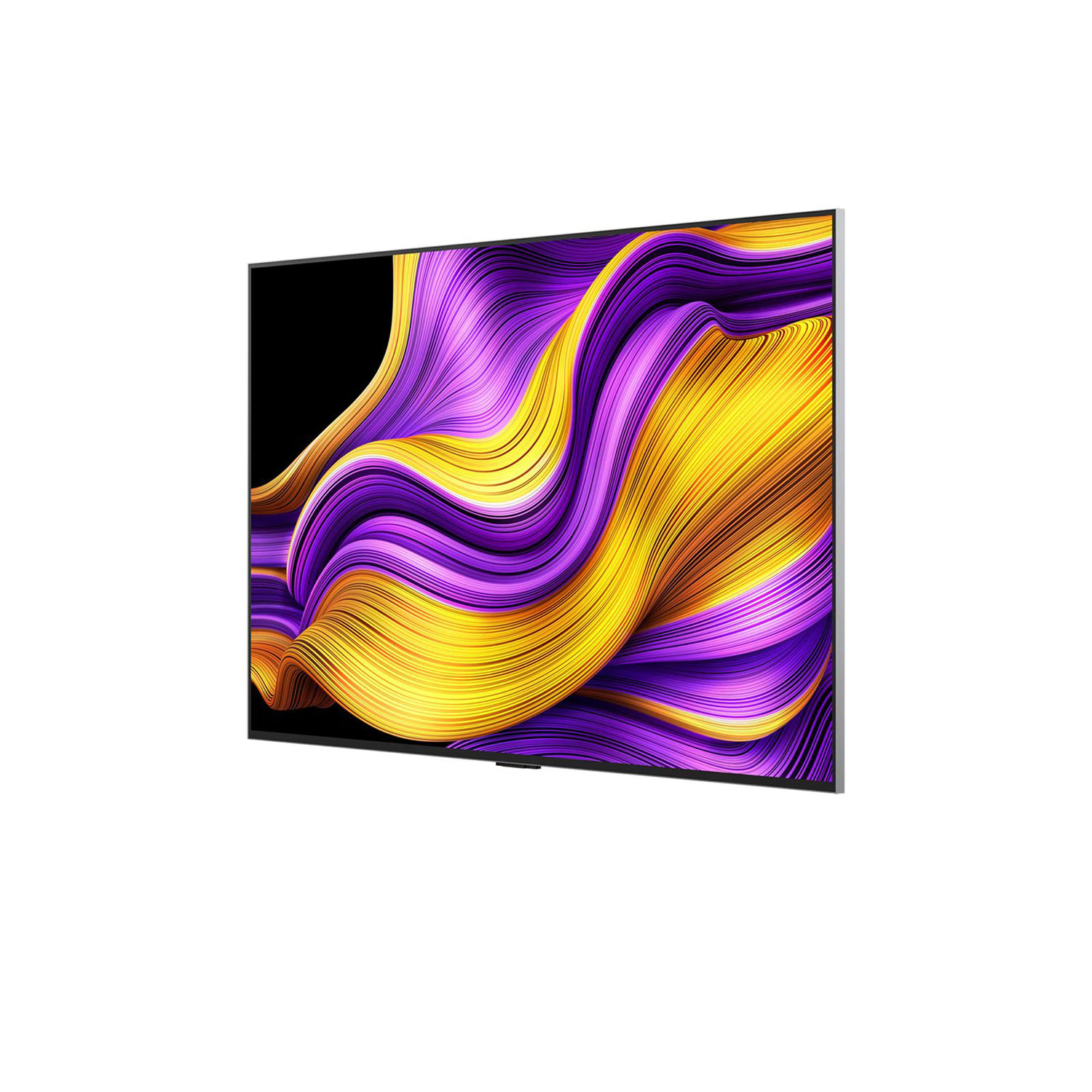 Un grand téléviseur moderne affiche un motif abstrait coloré de lignes violettes et jaunes fluides sur fond noir.