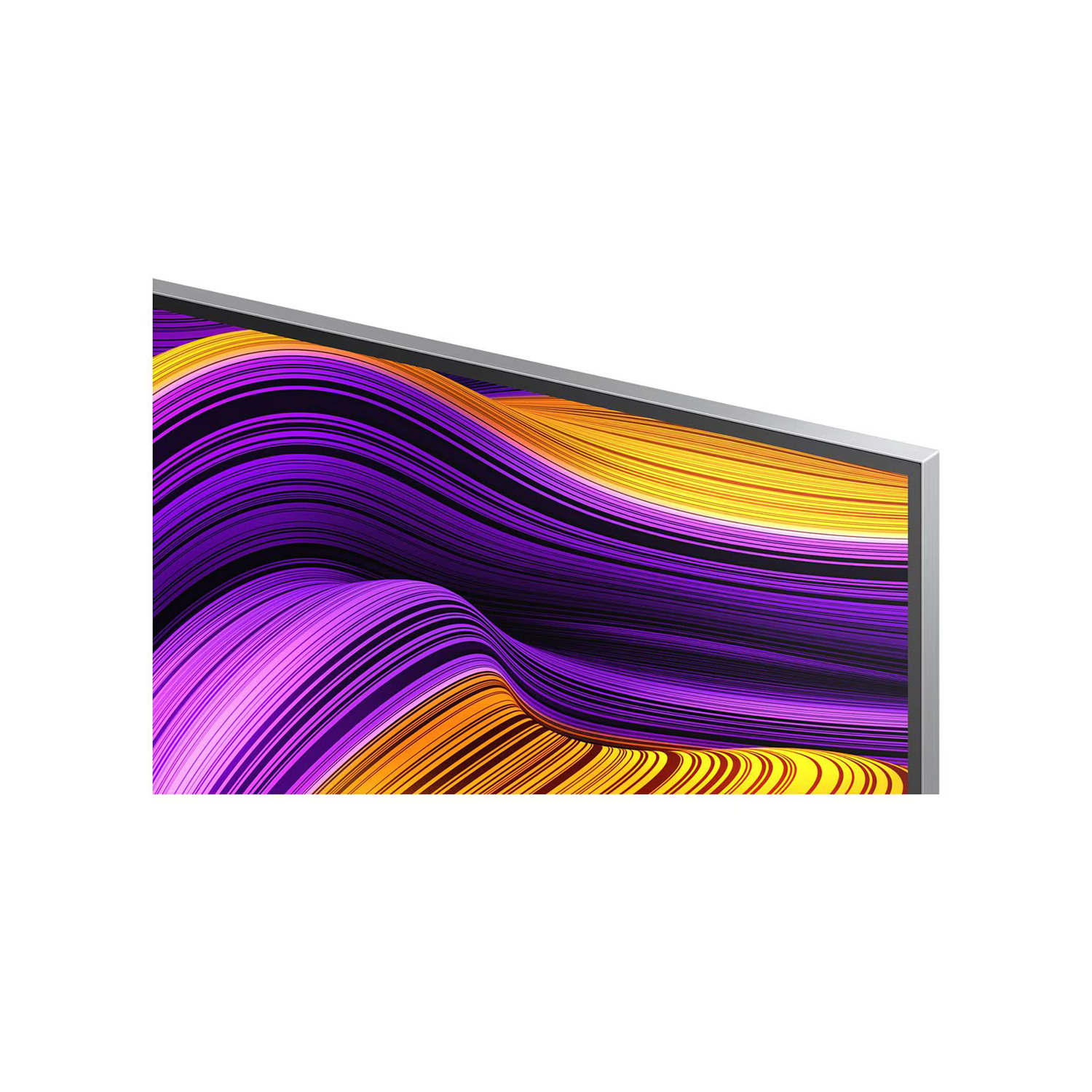 Un écran de télévision affiche un motif abstrait avec des lignes fluides de pourpre, jaune et orange sur fond blanc.
