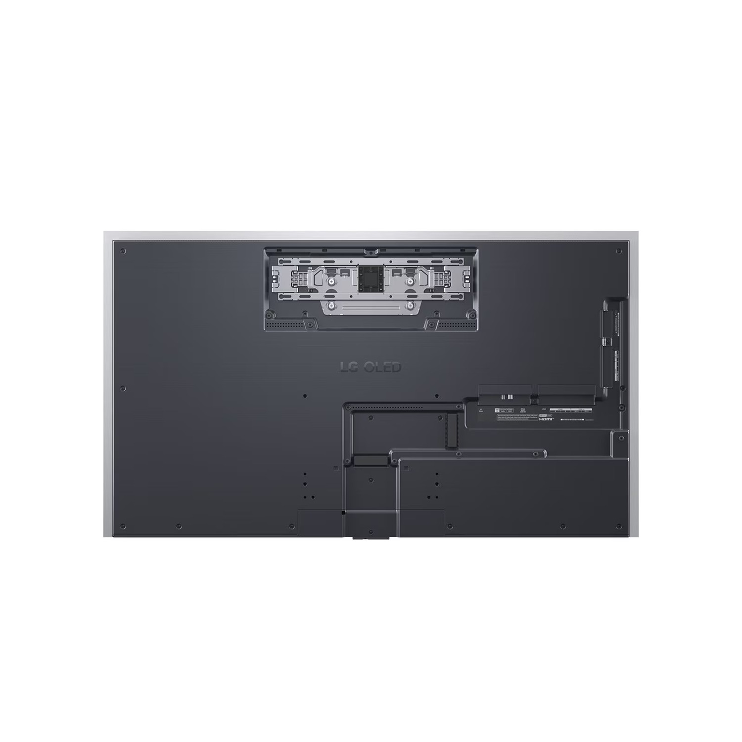 Dos d'un grand téléviseur LG OLED, gris foncé avec cadre argenté. Comprend divers ports, points de montage et le logo LG OLED.