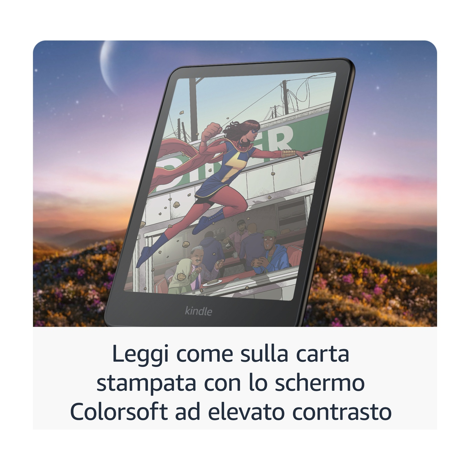 Kindle che mostra un'immagine a fumetti di un supereroe. Lo sfondo mostra un tramonto e una luna a mezzaluna.