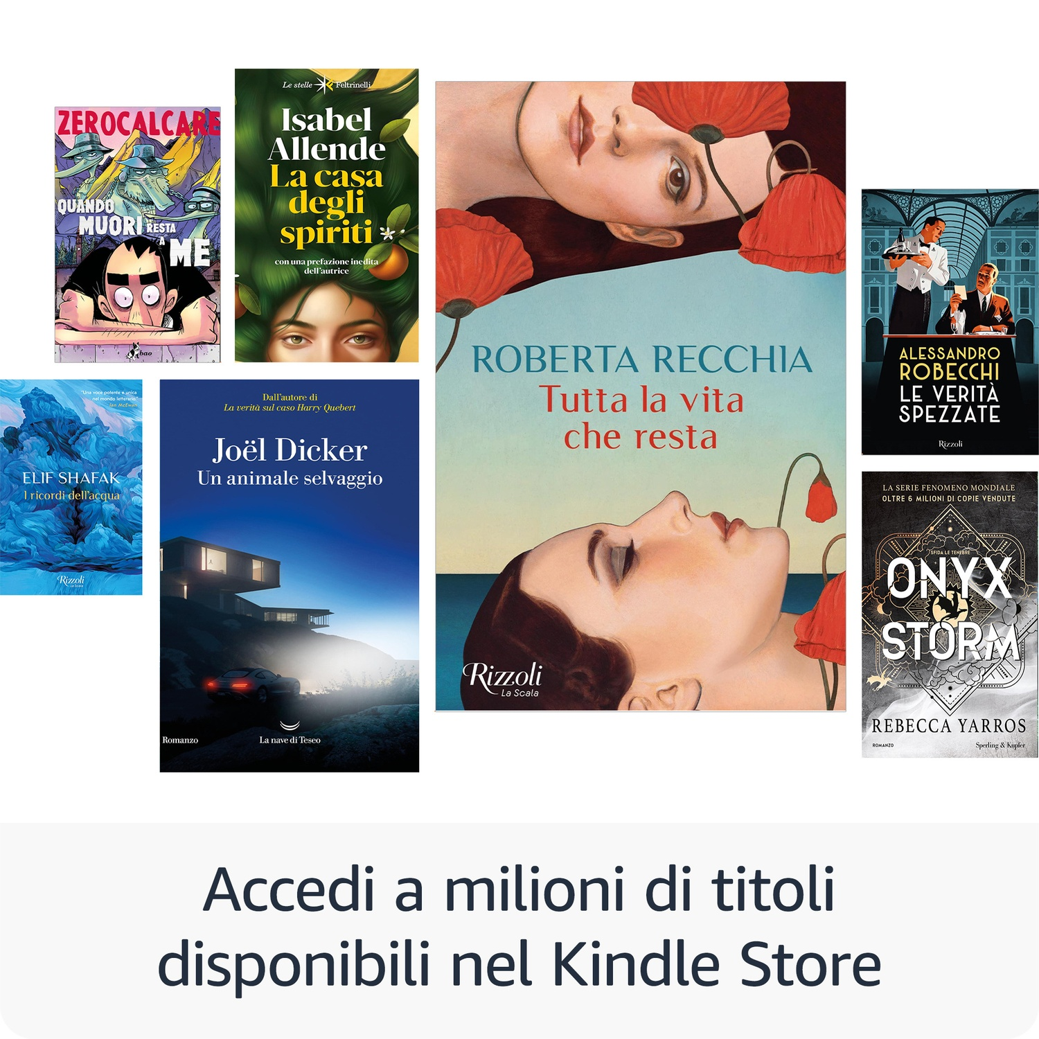 L'immagine presenta copertine di libri: Zerocalcare, Isabel Allende, Roberta Recchia, Alessandro Robecchi, Elif Shafak, Joel Dicker e Rebecca Yarros.