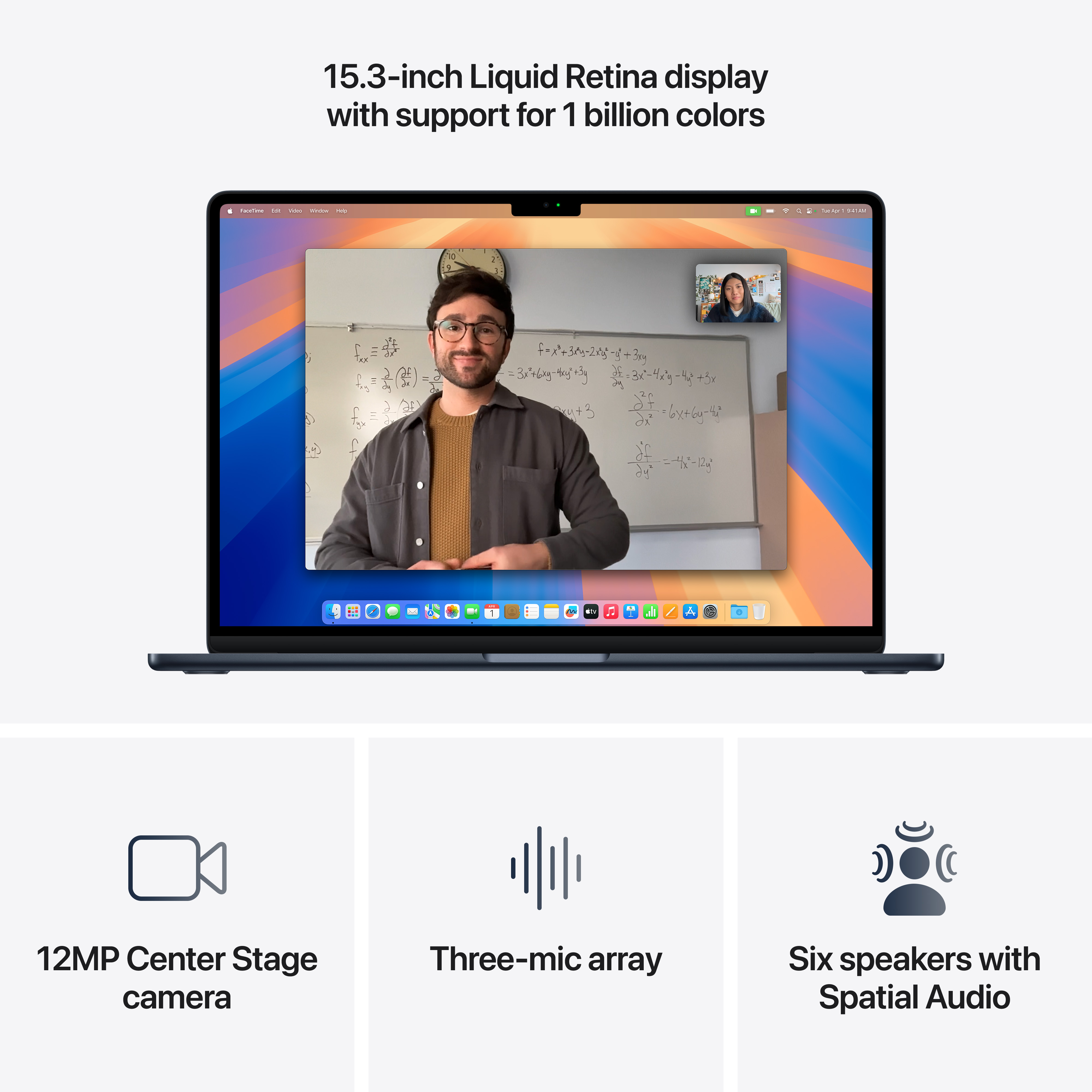 Laptop con videochiamata in corso. Caratteristiche: display da 15,3 pollici, fotocamera da 12MP e array a tre microfoni.