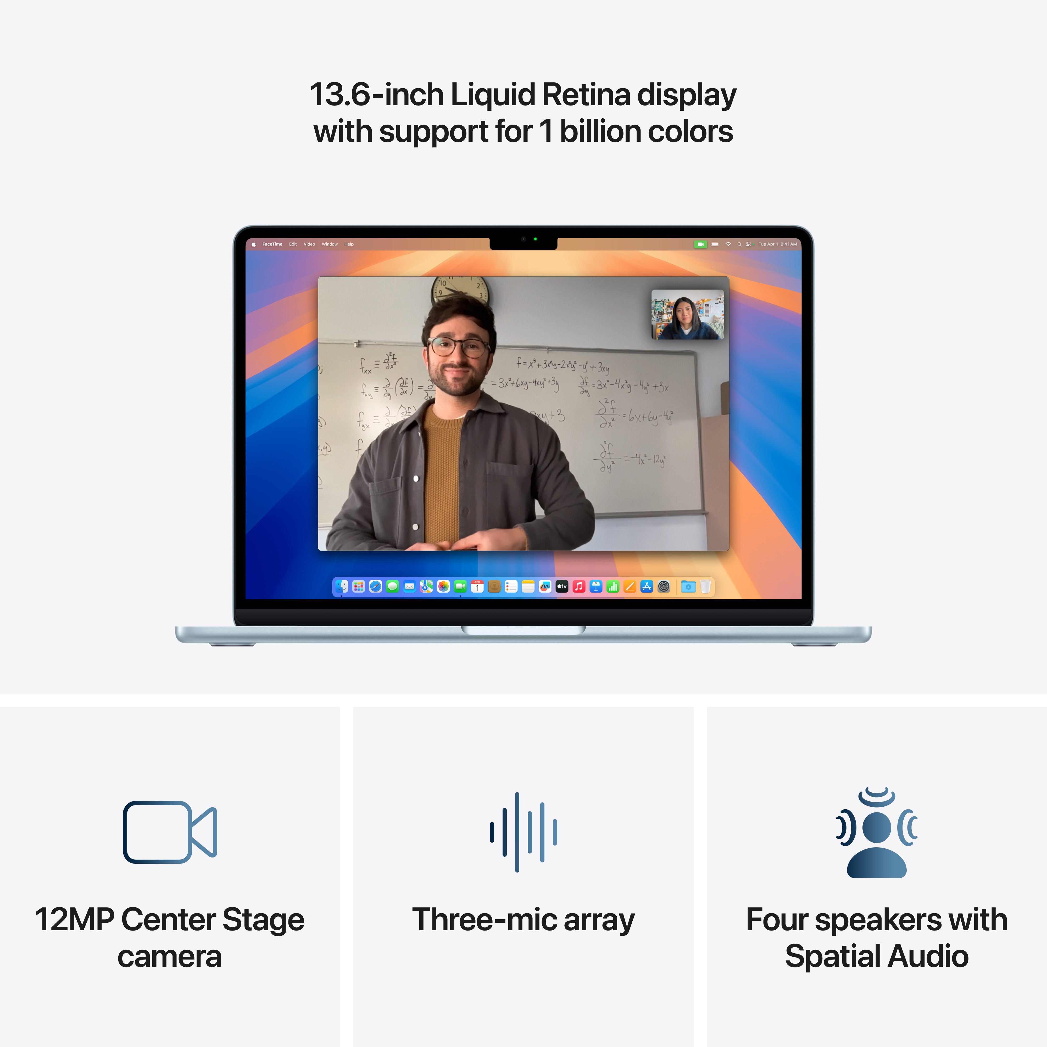 Laptop mit 13,6-Zoll-Display mit Videoanruf. Funktionen: Kamera, Mikrofon-Array und Lautsprecher.