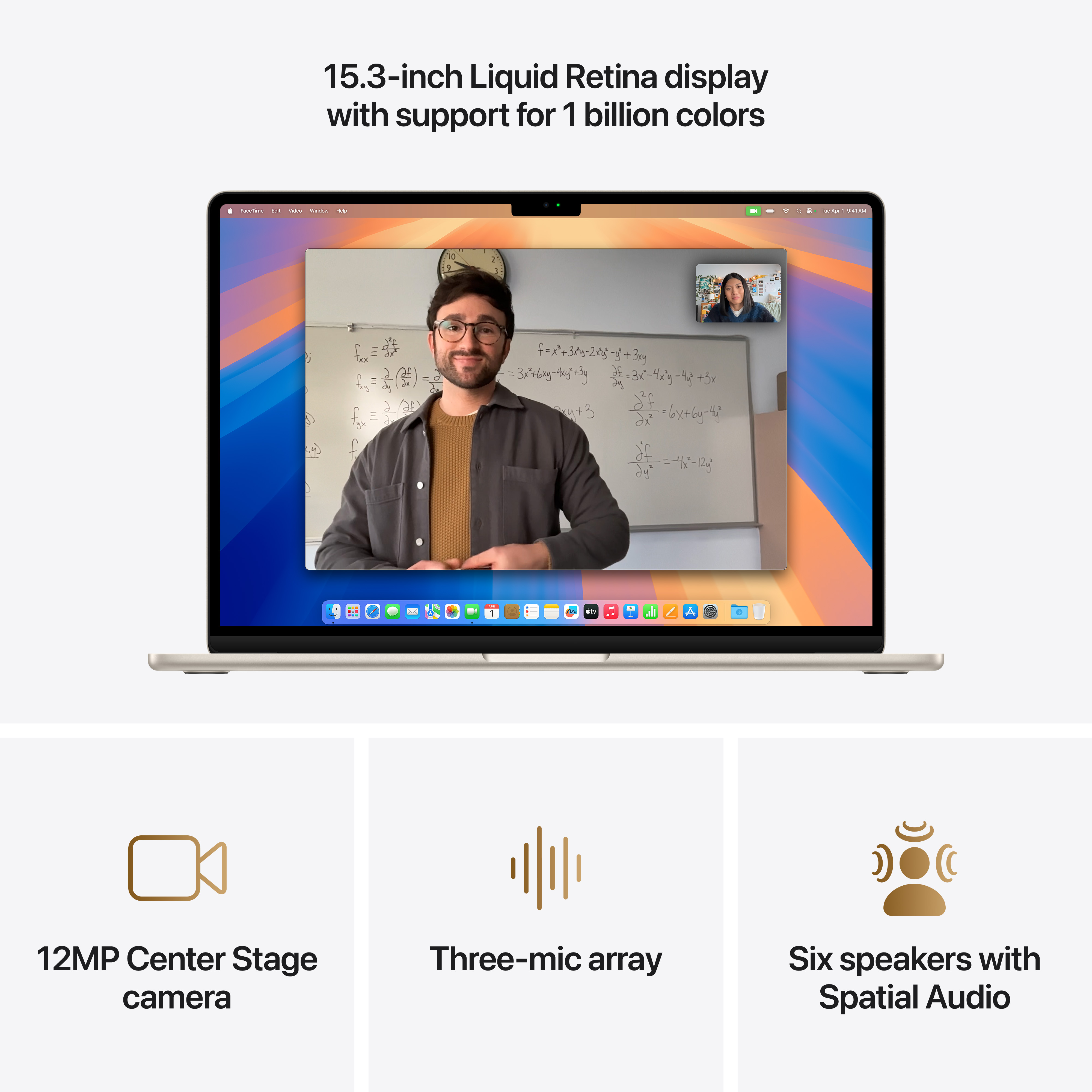 Un ordinateur portable affiche un appel vidéo. En dessous, des icônes pour la caméra, le micro et les haut-parleurs avec des descriptions.