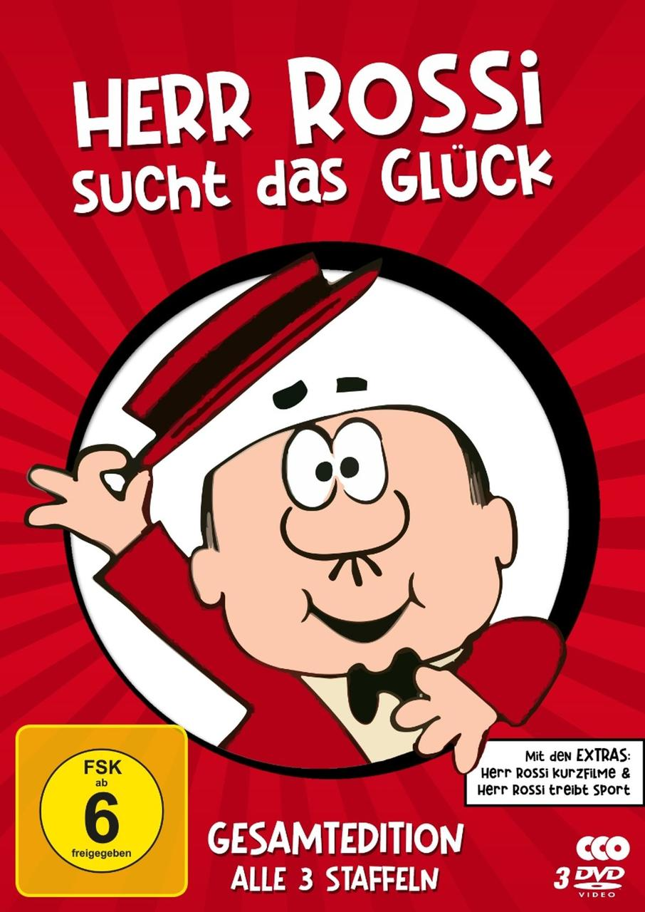 DVD-Cover. Cartoon-Mann mit Hut, roter Jacke und weißem Hemd. Text: Herr Rossi sucht das Glück. Enthält Extras.