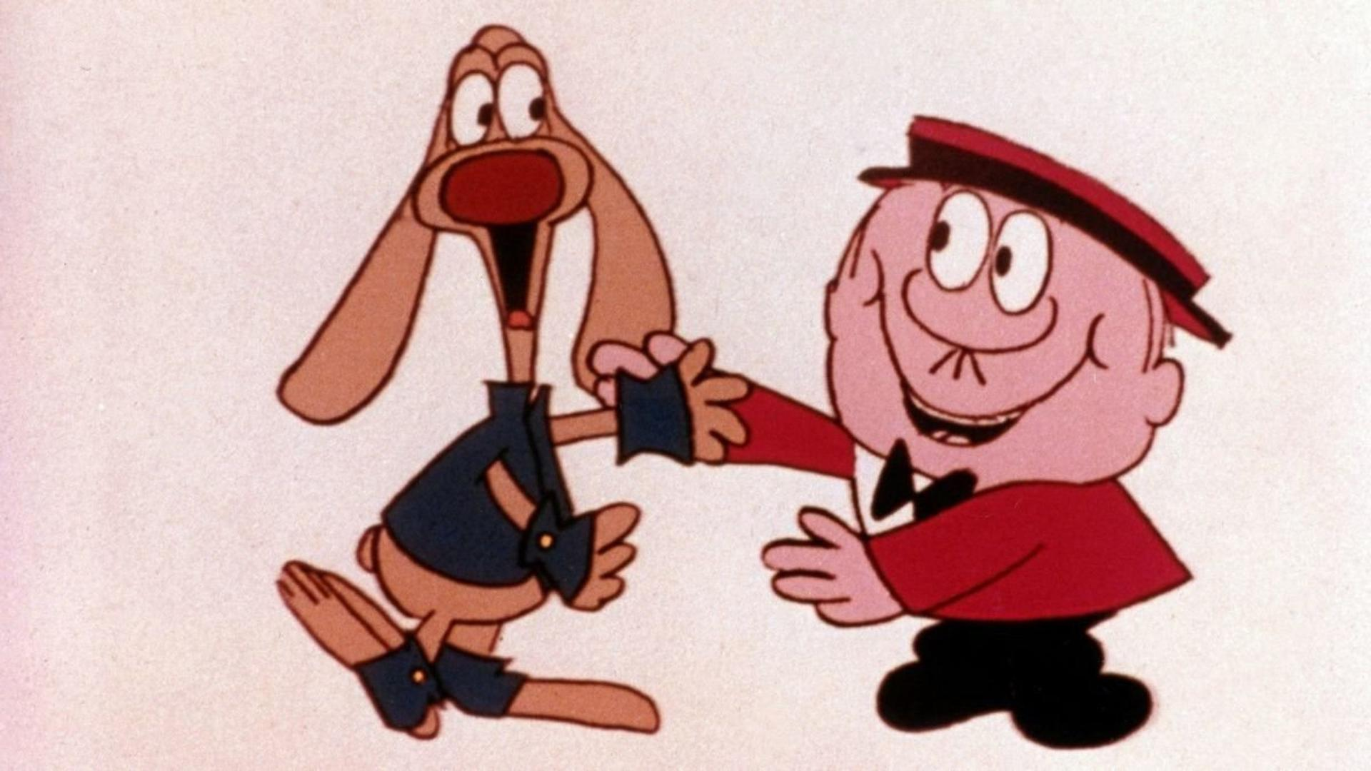 Der Cartoon zeigt ein Kaninchen und einen Mann, die sich an den Händen halten. Das Kaninchen trägt einen blauen Anzug, der Mann einen roten Anzug und eine schwarze Fliege.