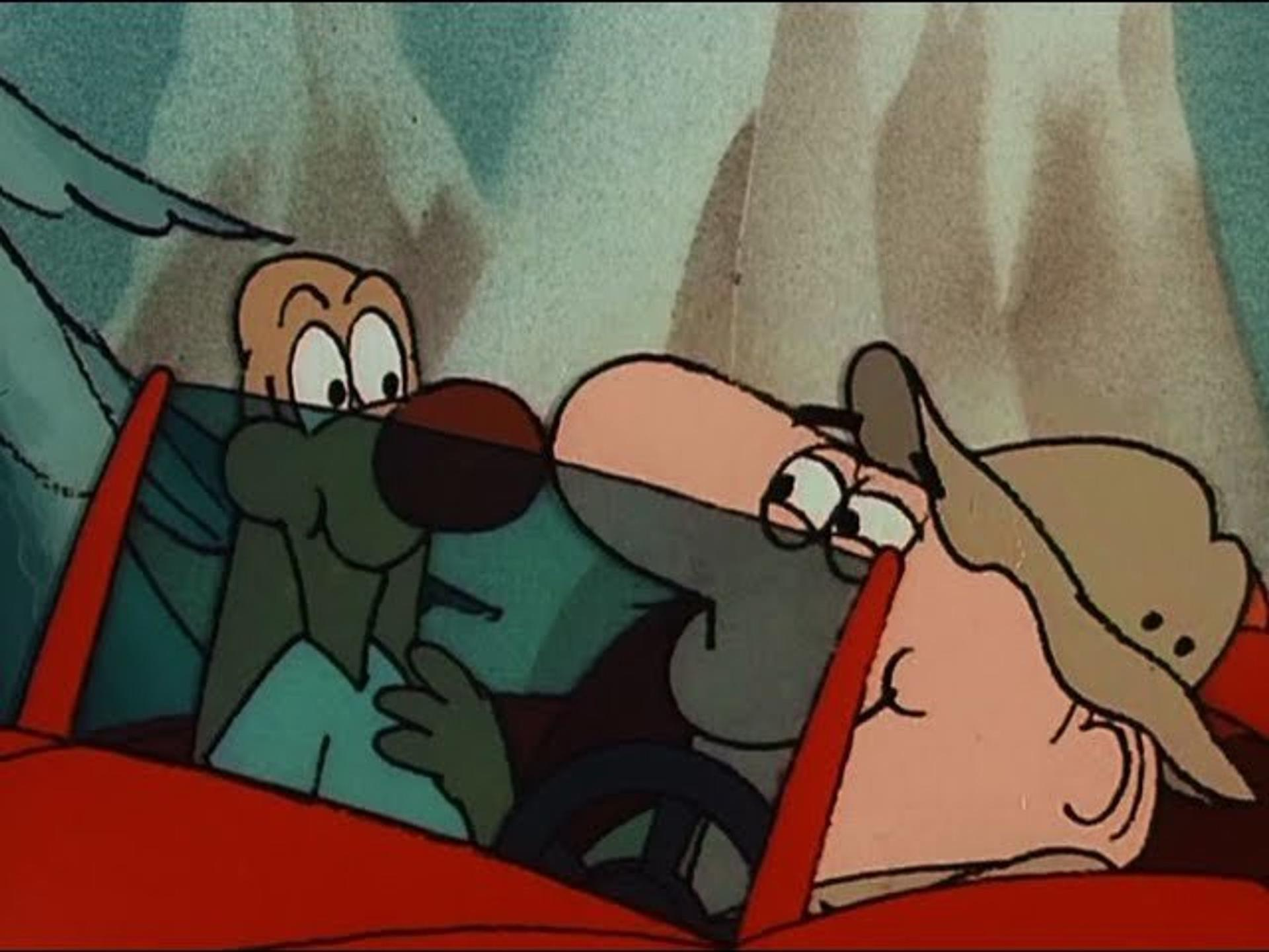 Cartoon mit zwei Figuren in einem roten Auto. Einer trägt einen Hut. Der Hintergrund ist hell. Sie scheinen zu fahren.