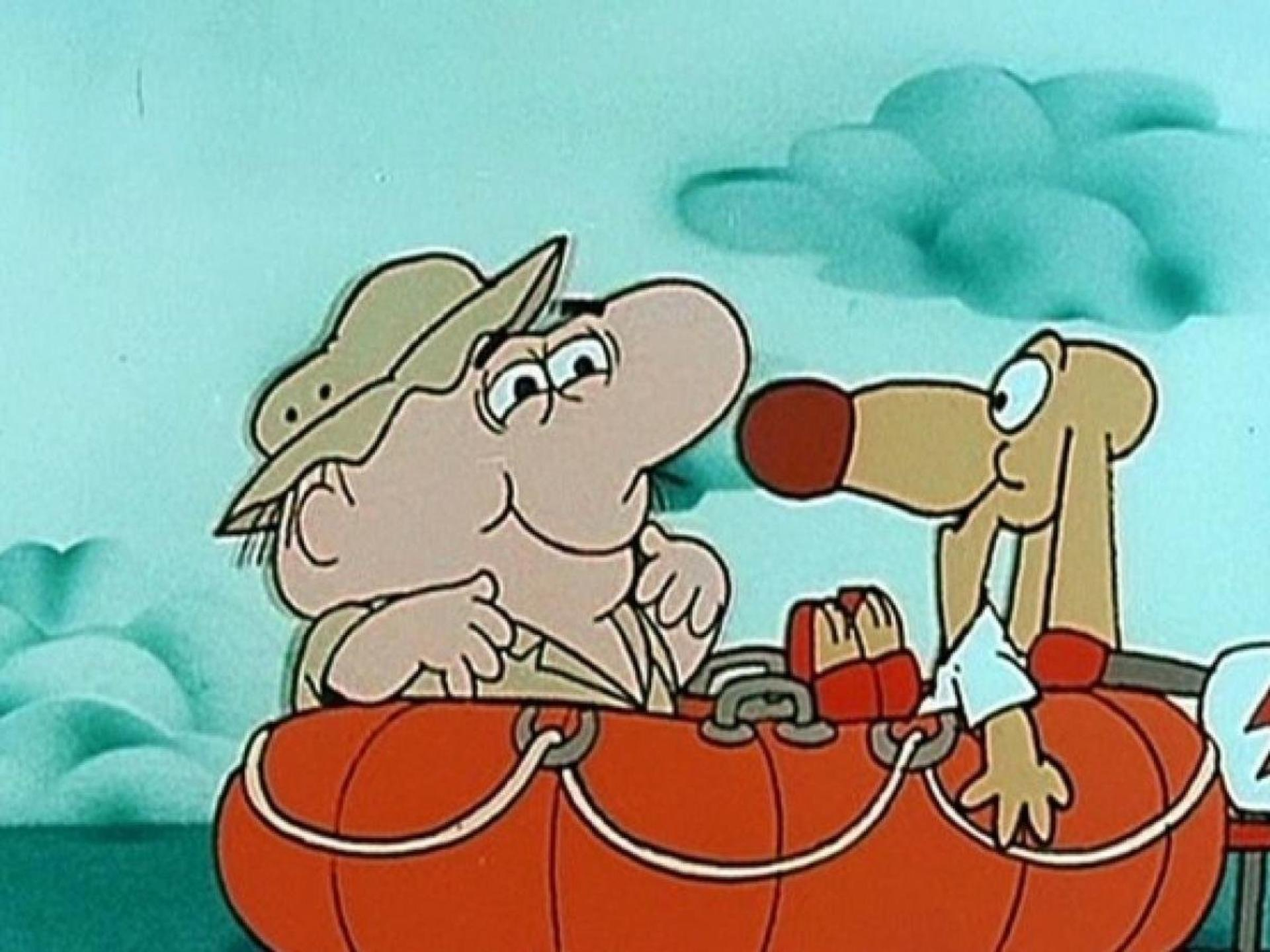 Der Cartoon zeigt zwei Charaktere in einem roten Boot. Einer ist ein Mensch mit Hut, der andere ein Hund. Der Hintergrund hat einen hellblauen Himmel und Wolken.