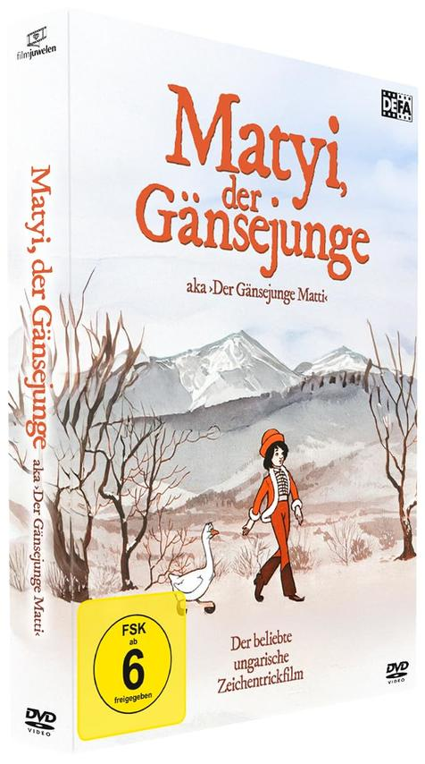 DVD-Cover von 'Matyi, der Gänsejunge'. Ein Junge in Orange geht mit einer Gans in einer verschneiten Landschaft. Berge im Hintergrund.