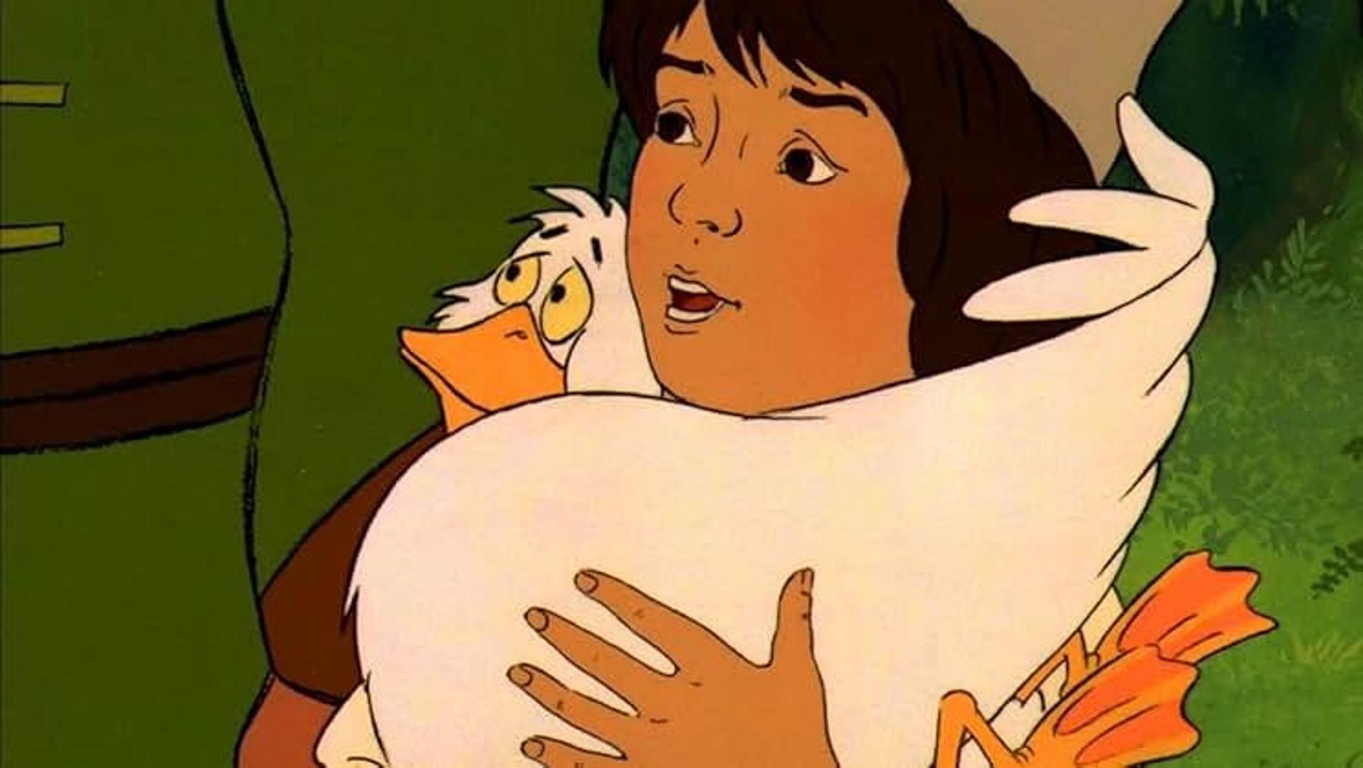 Eine Person hält eine weiße Gans. Die Gans hat orange Füße und einen gelben Schnabel. Eine Person steht hinter der Gans.