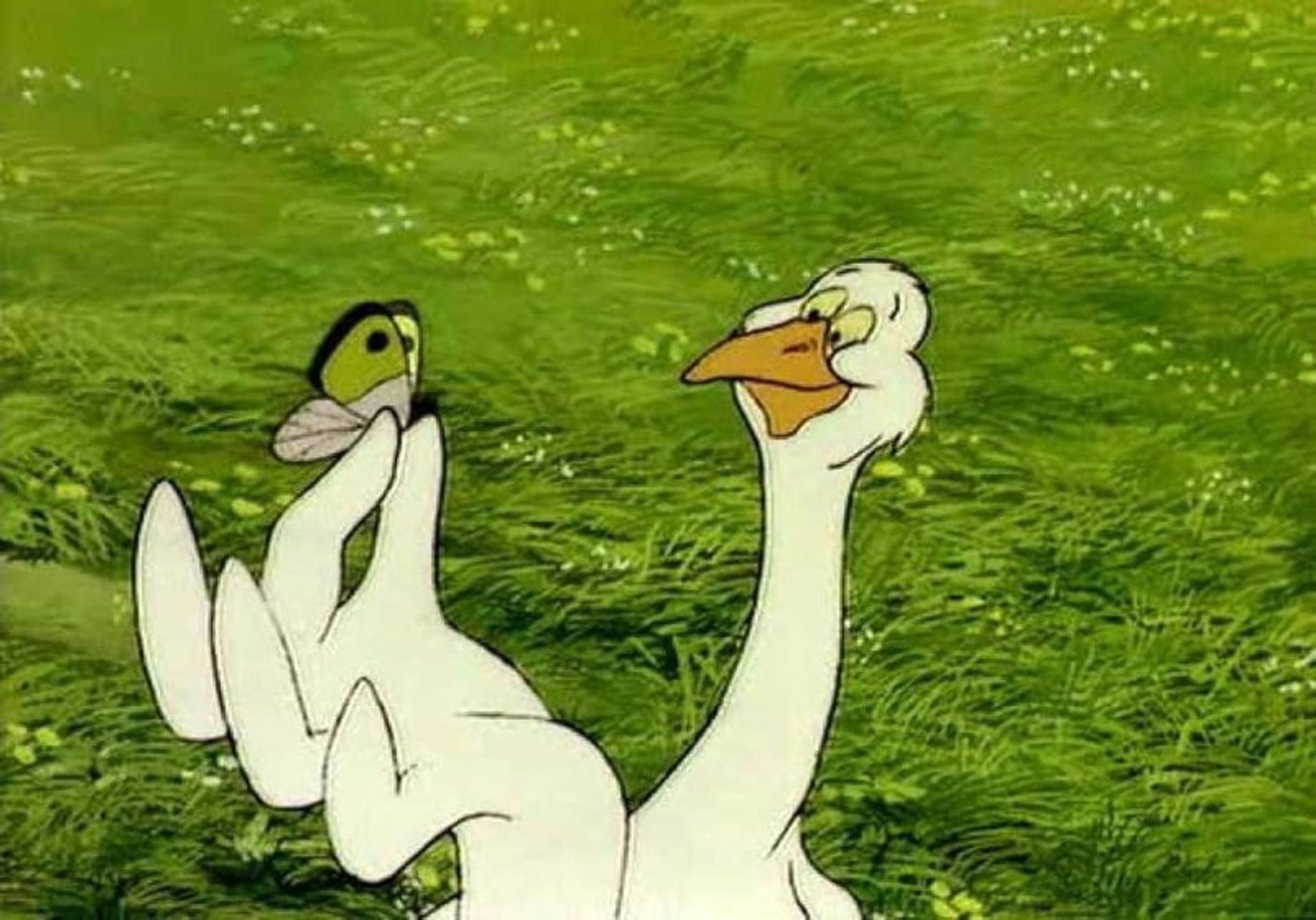 Eine Cartoon-Gans lächelt einen Schmetterling auf ihrer Hand an. Der Hintergrund ist eine grüne Wiese mit kleinen weißen Blumen.