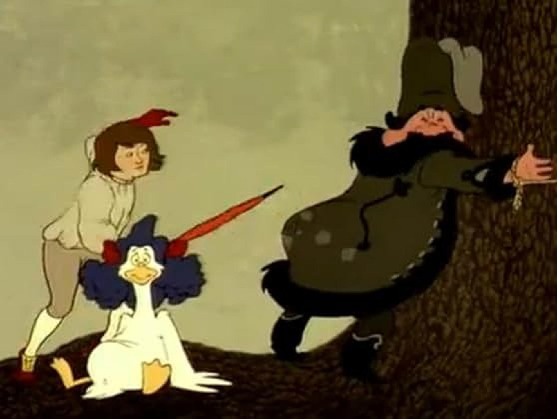 Zeichentrickszene mit drei Figuren: einer Frau, einer Gans und einem Mann. Der Mann lehnt an einem Baum, die Frau und die Gans interagieren.