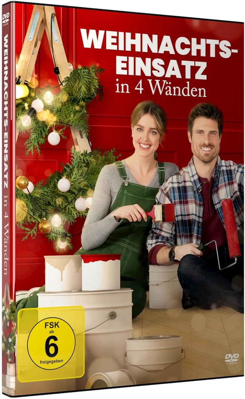 Ein DVD-Cover zeigt ein Paar mit Malerwerkzeugen. Der Titel lautet 'Weihnachts-Einsatz in 4 Wänden'. Es gibt eine Leiter mit Lichtern.