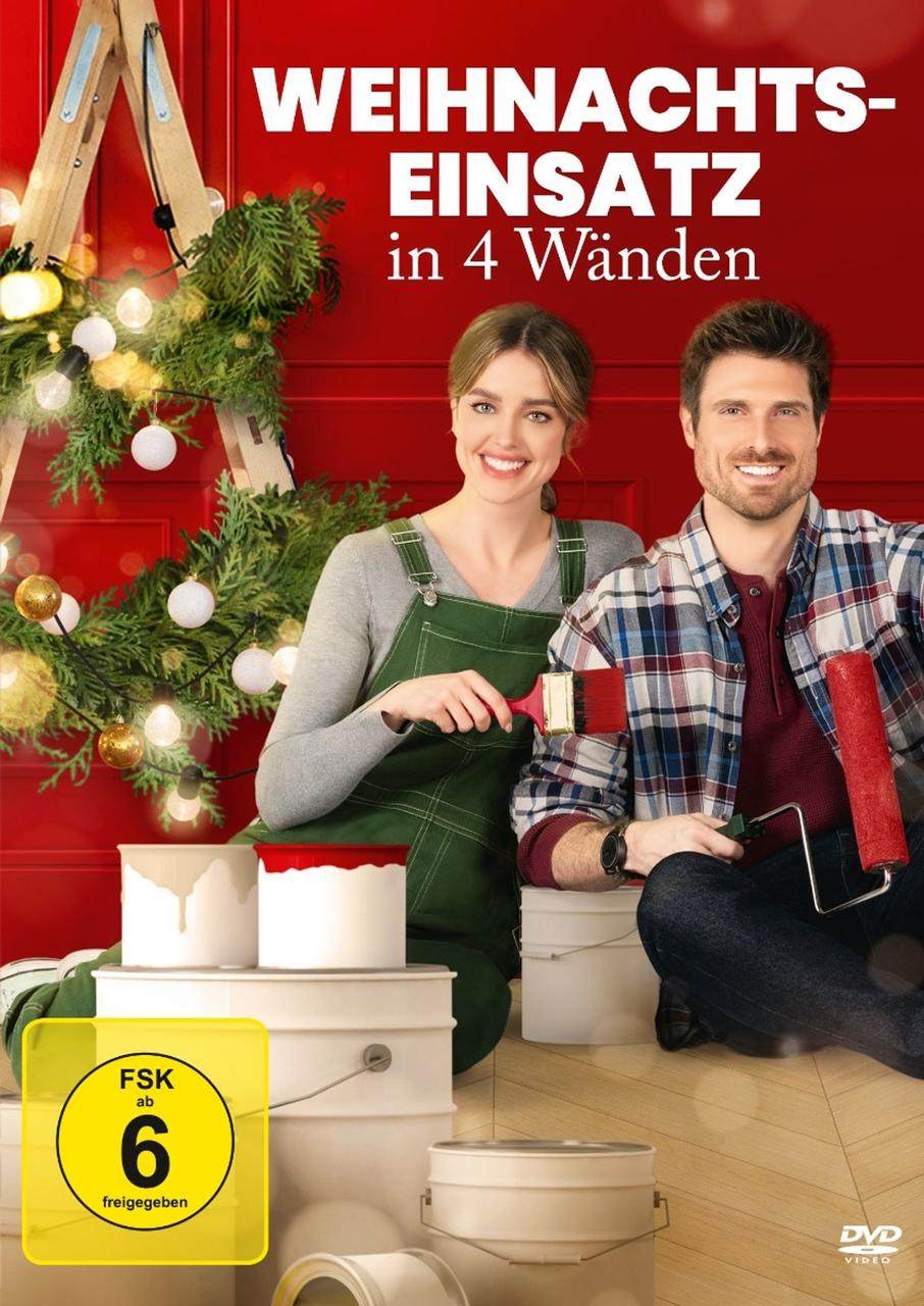 Filmposter zeigt ein malendes Paar. Text lautet: WEIHNACHTS-EINSATZ in 4 Wänden. Weihnachtsdekorationen und Farbeimer sind sichtbar.