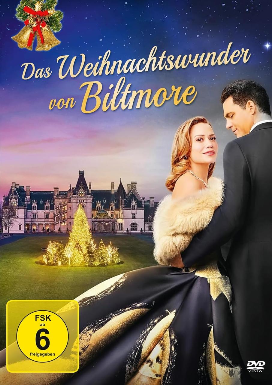 Filmplakat mit einem Paar vor einem Herrenhaus. Weihnachtsbaum, Glocken und Titel auf Deutsch. FSK 6 Bewertung.