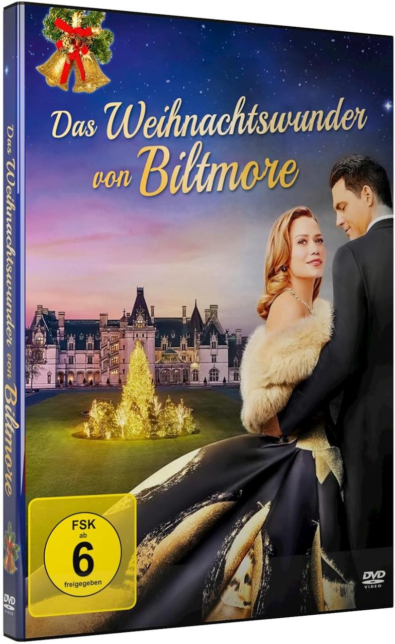DVD-Cover eines Films mit dem Titel 'Das Weihnachtswunder von Biltmore'. Ein Paar steht vor einem Herrenhaus mit Weihnachtsbaum.